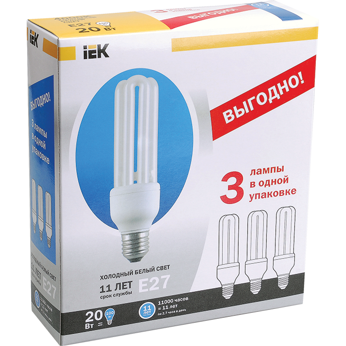 Лампа энергосберегающая КЭЛ-3U Е27 25Вт 4000К Т4 ПРОМОПАК 3шт IEK