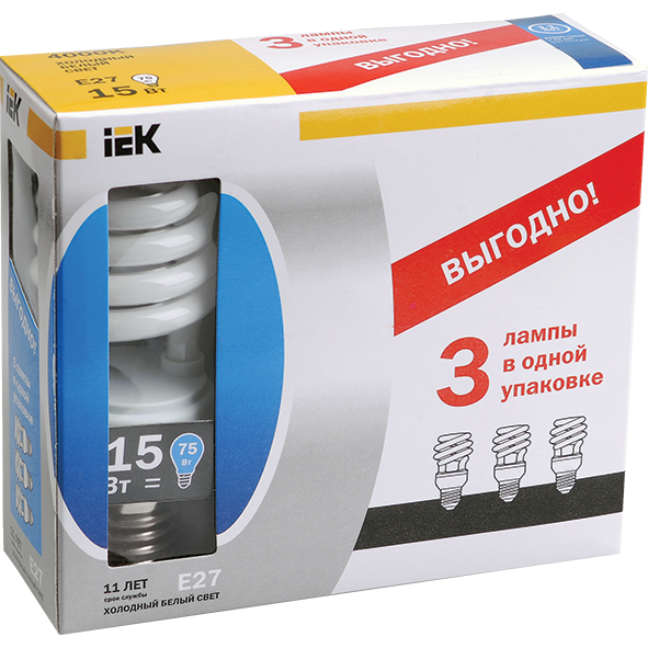 Лампа энергосберегающая спираль КЭЛ-S Е27 20Вт 4000К Т2 ПРОМОПАК 3шт IEK