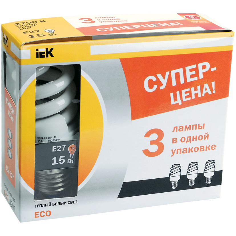 Лампа энергосберегающая КЭЛP-FS спираль Е27 20Вт 2700К (ПРОМОПАК 3шт) IEK-eco