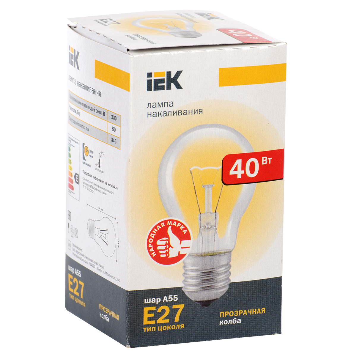 Лампа накаливания A55 шар прозрачная 40Вт E27 IEK