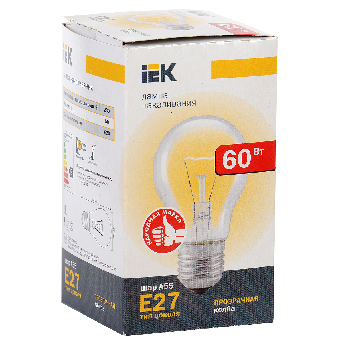 Лампа накаливания A55 шар прозрачная 60Вт E27 IEK
