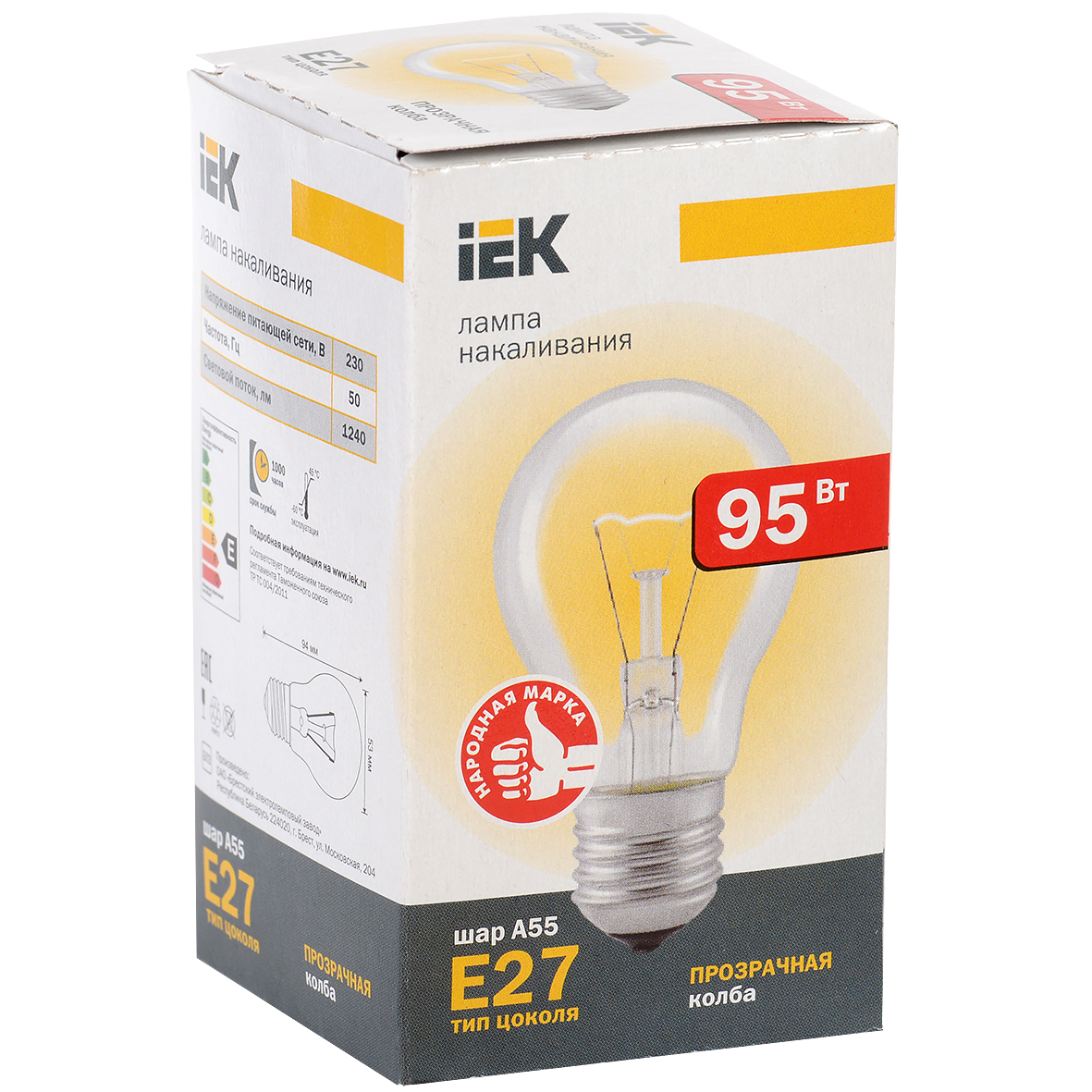 Лампа накаливания A55 шар прозрачная 95Вт E27 IEK