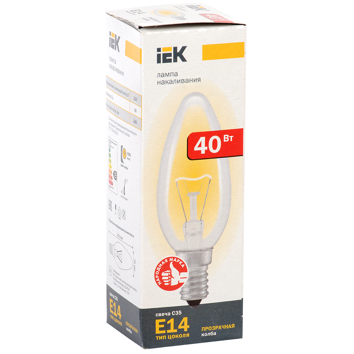 Лампа накаливания C35 свеча прозрачная 40Вт E14 IEK