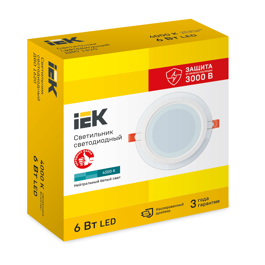 Светильник светодиодный ДВО 1620 со стеклом круг 6Вт 4000К IP20 IEK