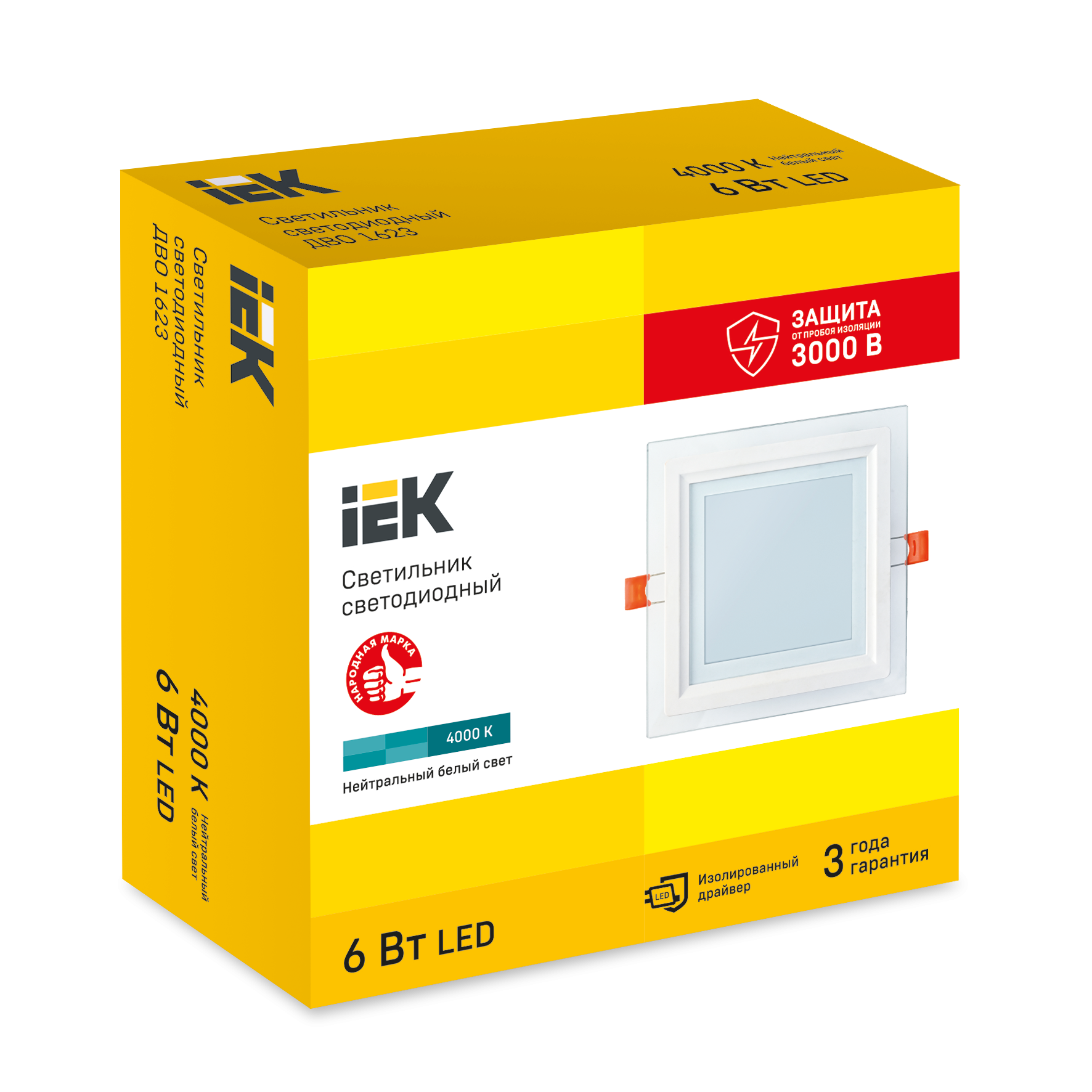 Светильник светодиодный ДВО 1623 со стеклом квадрат 6Вт 4000К IP20 IEK