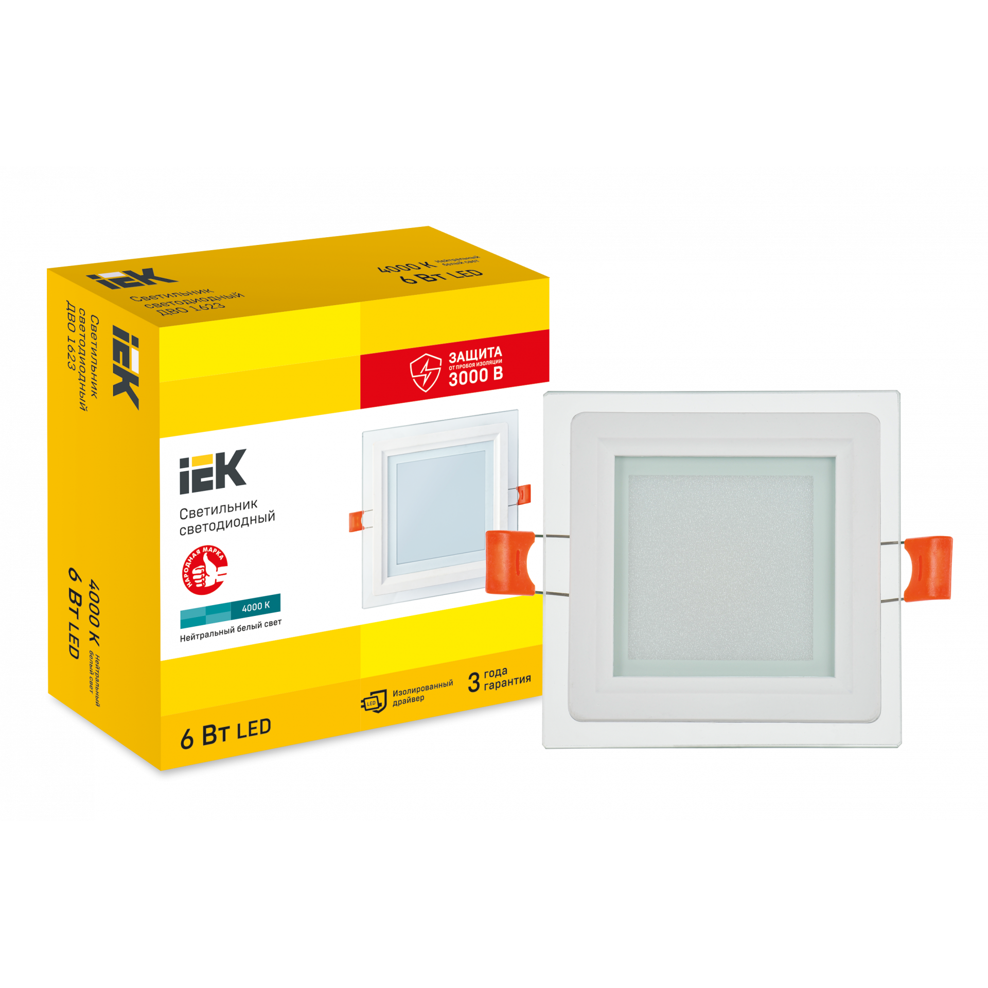 Светильник светодиодный ДВО 1623 со стеклом квадрат 6Вт 4000К IP20 IEK