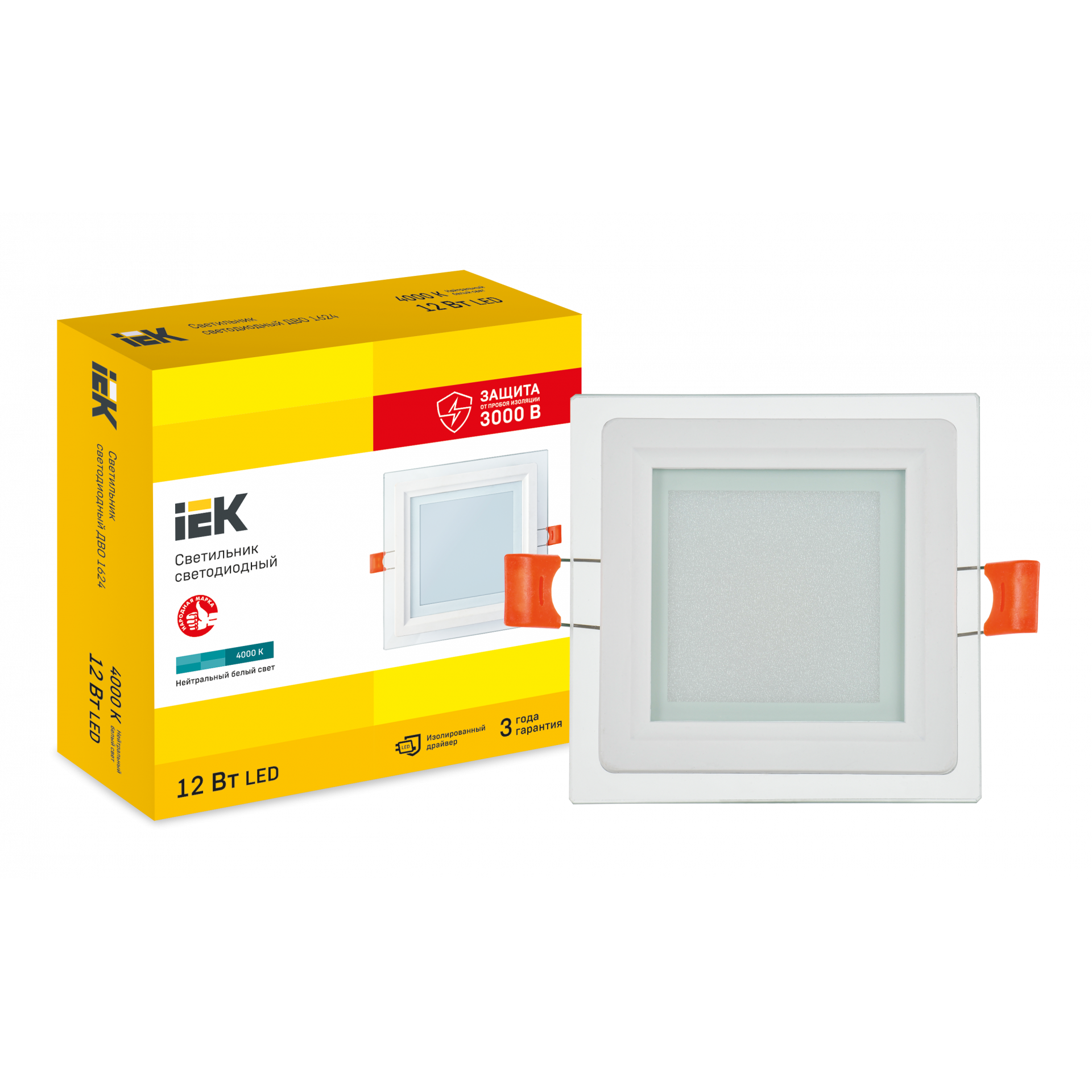 Светильник светодиодный ДВО 1624 со стеклом квадрат 12Вт 4000К IP20 IEK