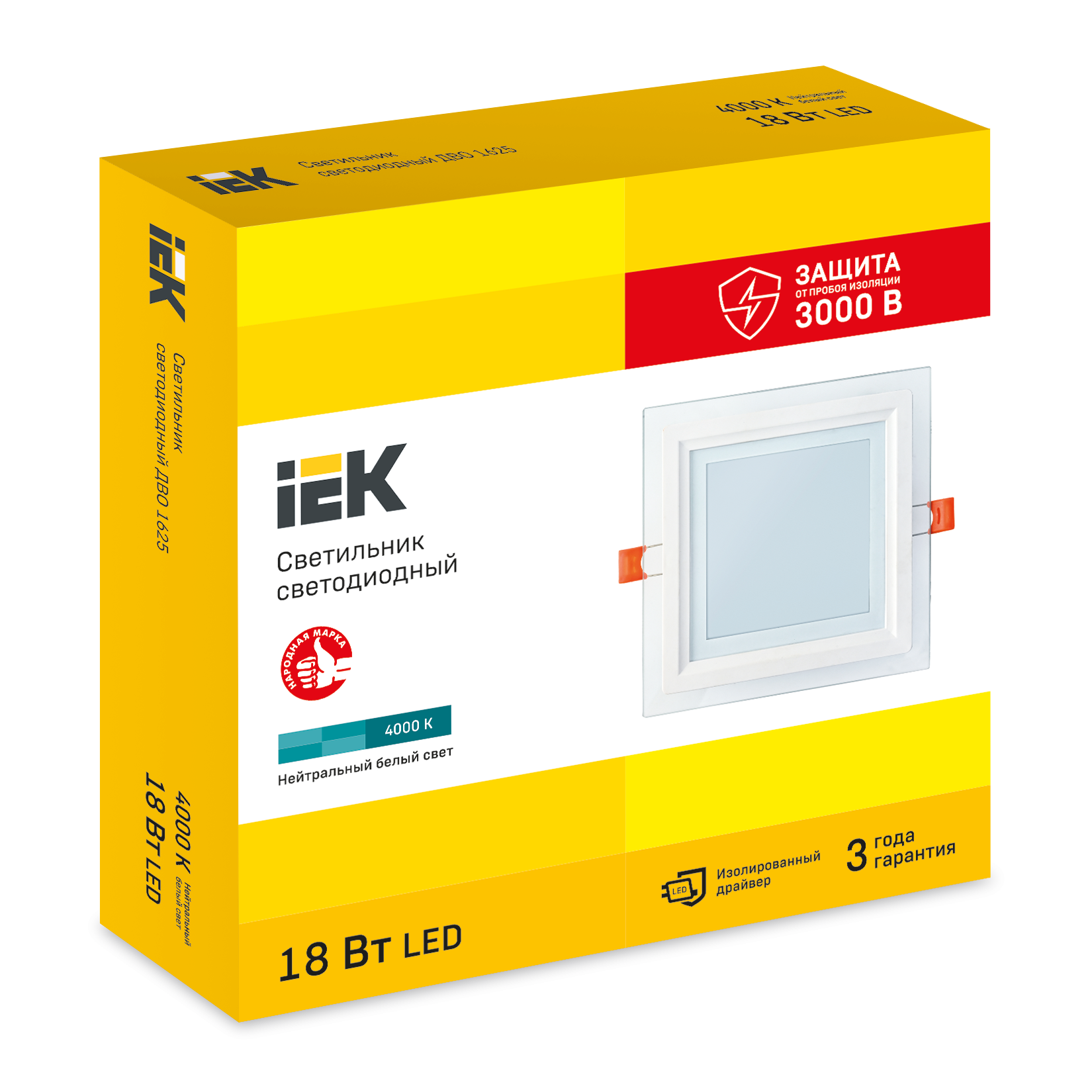 Светильник светодиодный ДВО 1625 со стеклом квадрат 18Вт 4000К IP20 IEK