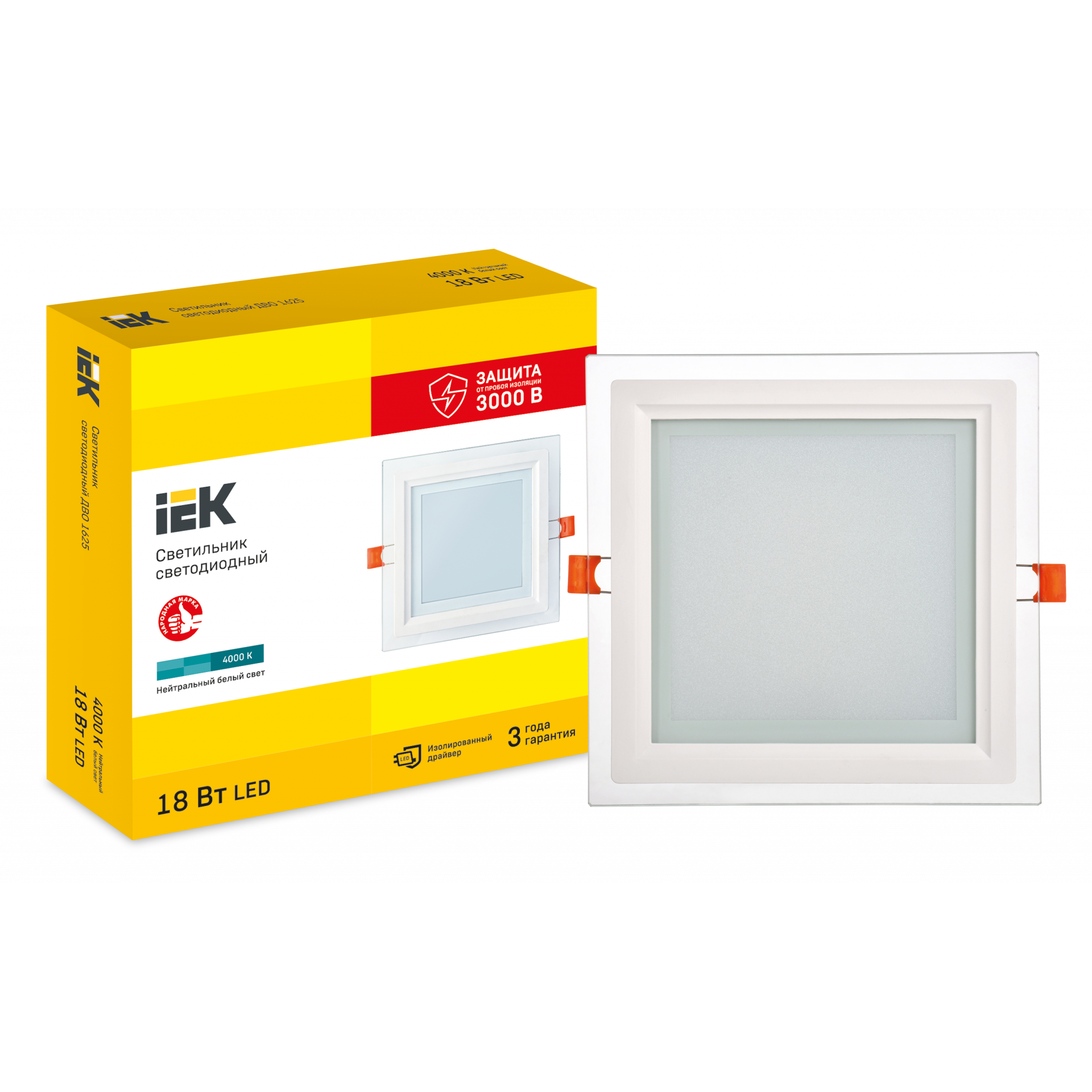 Светильник светодиодный ДВО 1625 со стеклом квадрат 18Вт 4000К IP20 IEK