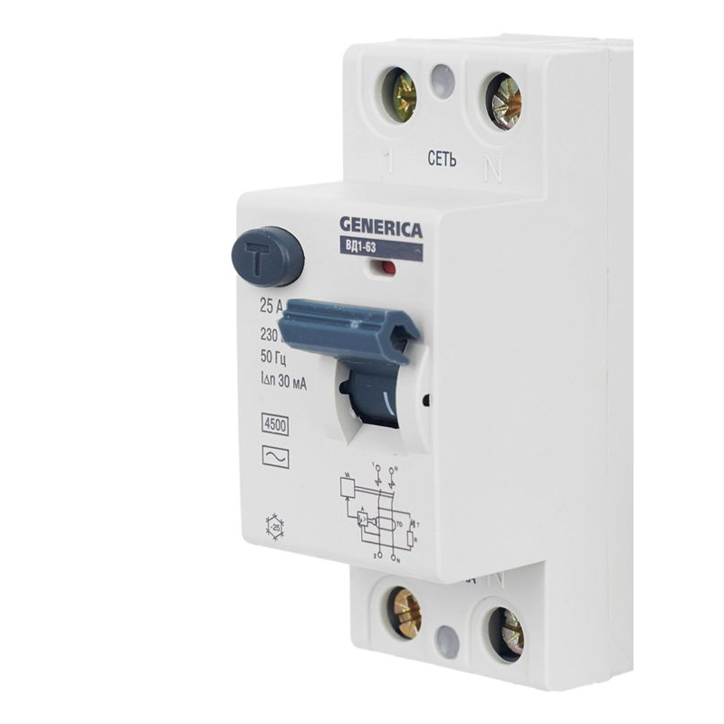 Выключатель дифференциальный (УЗО) ВД1-63 2Р 25А 30мА GENERICA