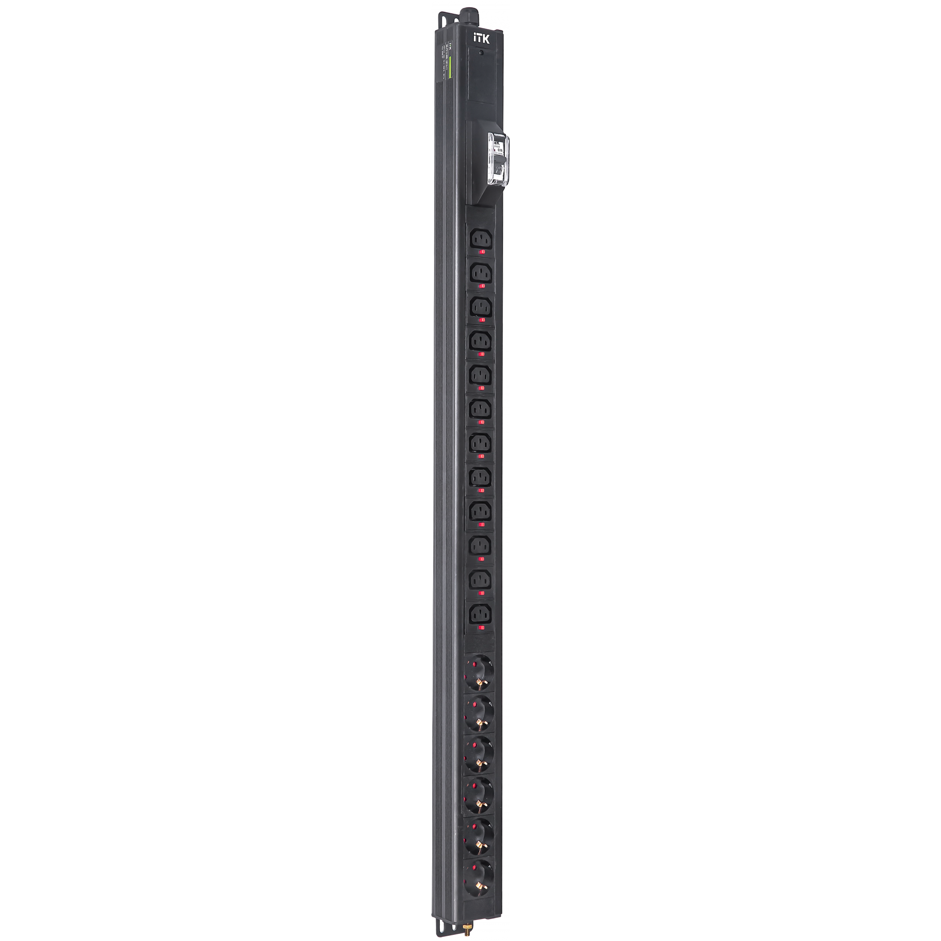 ITK BASE PDU вертикальный PV1111 23U 1 фаза 16А 6 розеток SCHUKO (немецкий стандарт) + 12 розеток C13 кабель 2,6м вилка SCHUKO (немецкий стандарт)