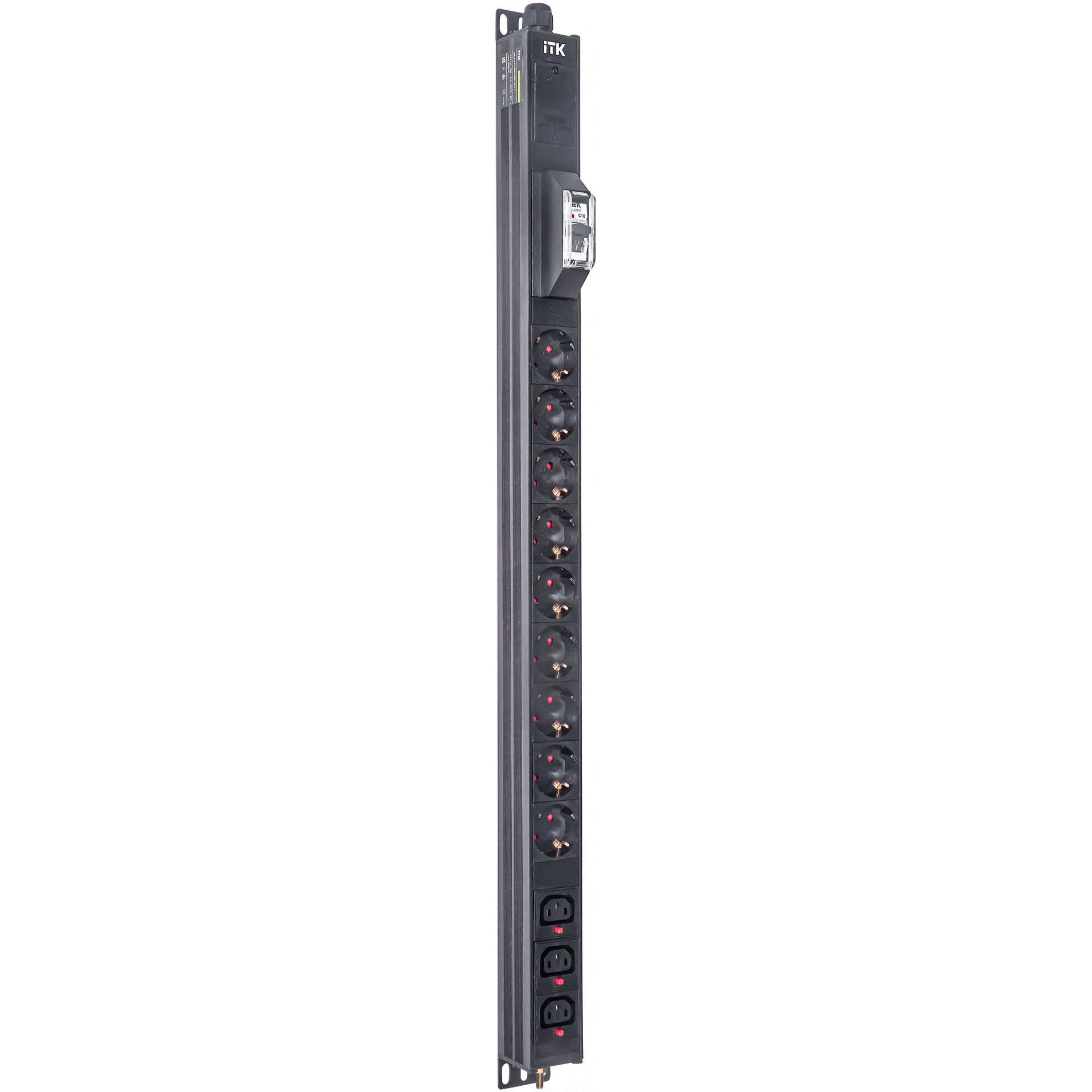 ITK BASE PDU вертикальный PV1111 18U 1 фаза 16А 9 розеток SCHUKO (немецкий стандарт) + 3 розетки C13 кабель 2,6м вилка SCHUKO (немецкий стандарт)