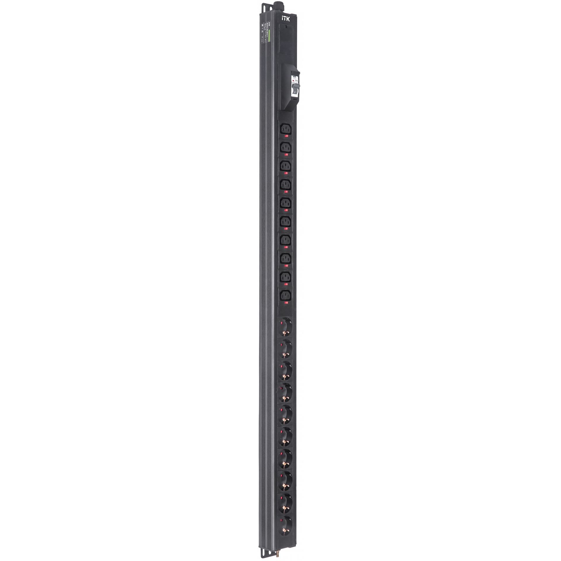 ITK BASE PDU вертикальный PV1111 25U 1 фаза 16А 10 розеток SCHUKO (немецкий стандарт) + 10 розеток C13 кабель 2,6м вилка SCHUKO (немецкий стандарт)
