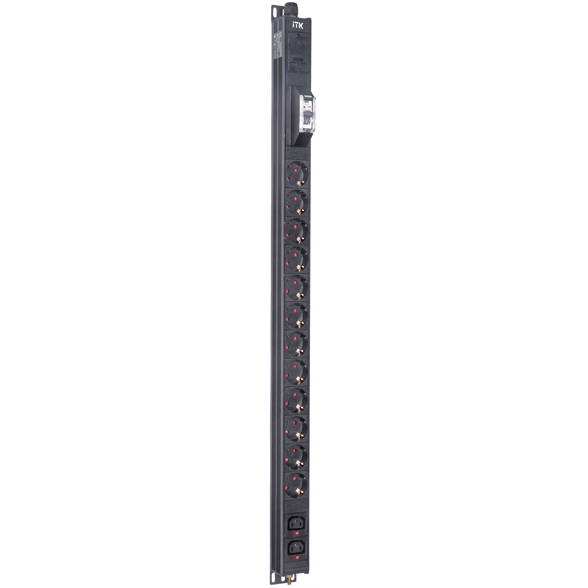 ITK BASE PDU вертикальный PV1111 20U 1 фаза 16А 12 розеток SCHUKO (немецкий стандарт) + 2 розетки C13 кабель 2,6м вилка SCHUKO (немецкий стандарт)