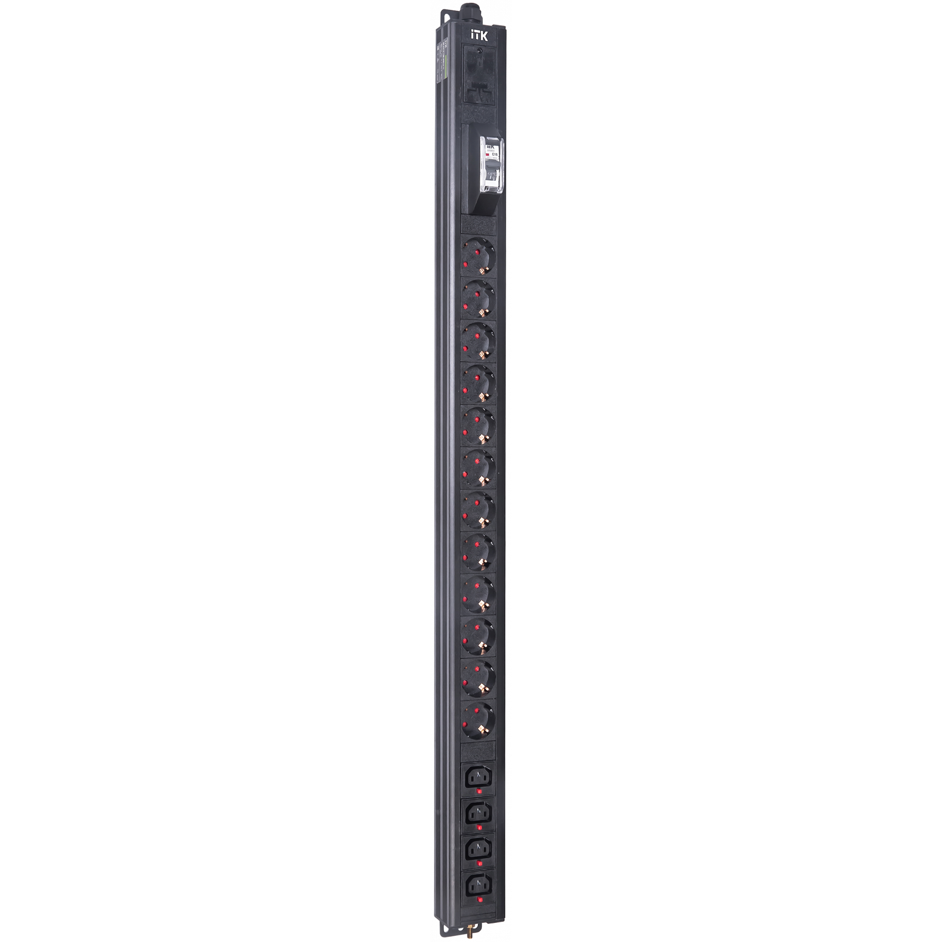 ITK BASE PDU вертикальный PV1111 22U 1 фаза 16А 12 розеток SCHUKO (немецкий стандарт) + 4 розетки C13 кабель 2,6м вилка SCHUKO (немецкий стандарт)