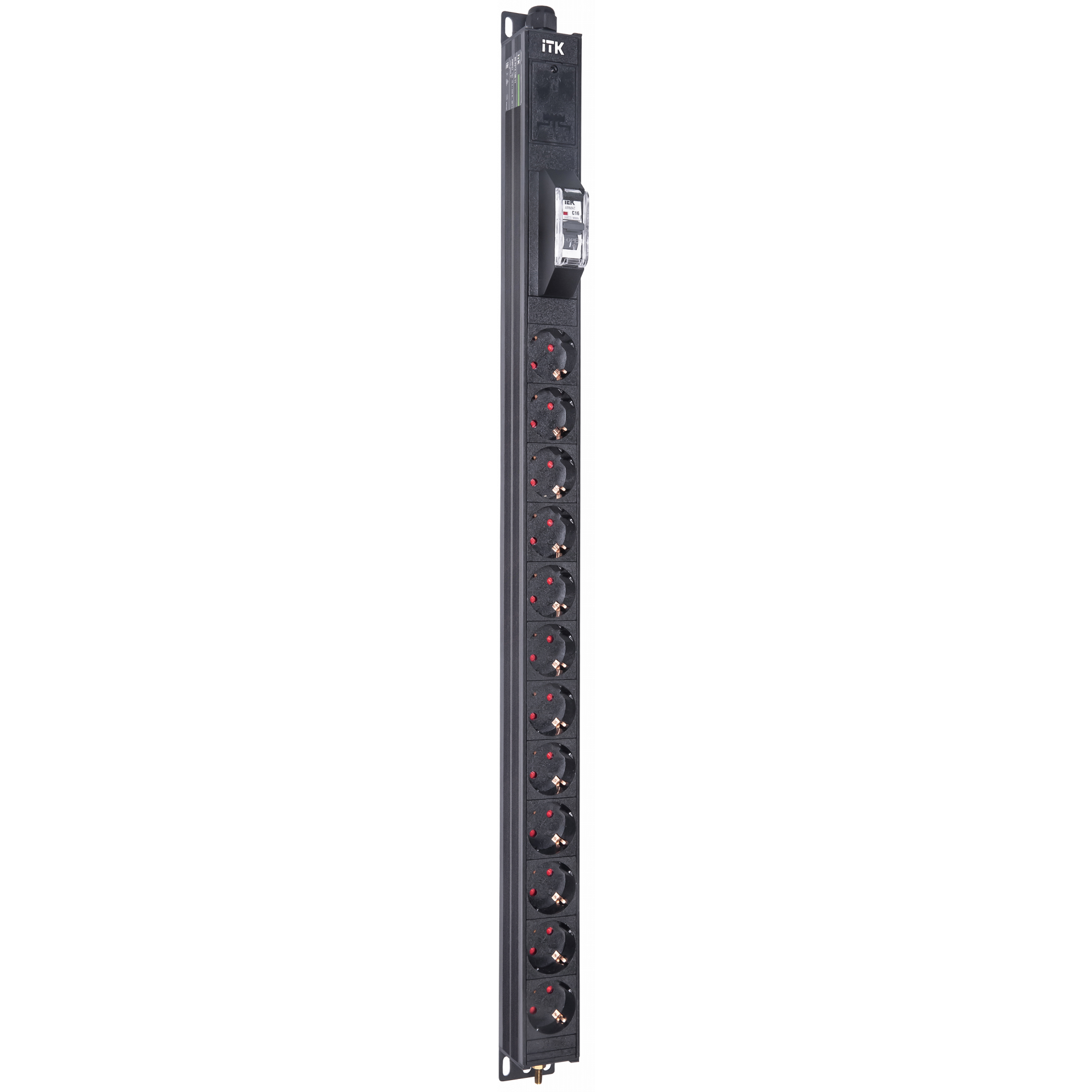 ITK BASE PDU вертикальный PV0111 18U 1 фаза 16А 12 розеток SCHUKO (немецкий стандарт) кабель 2,6м вилка SCHUKO (немецкий стандарт)
