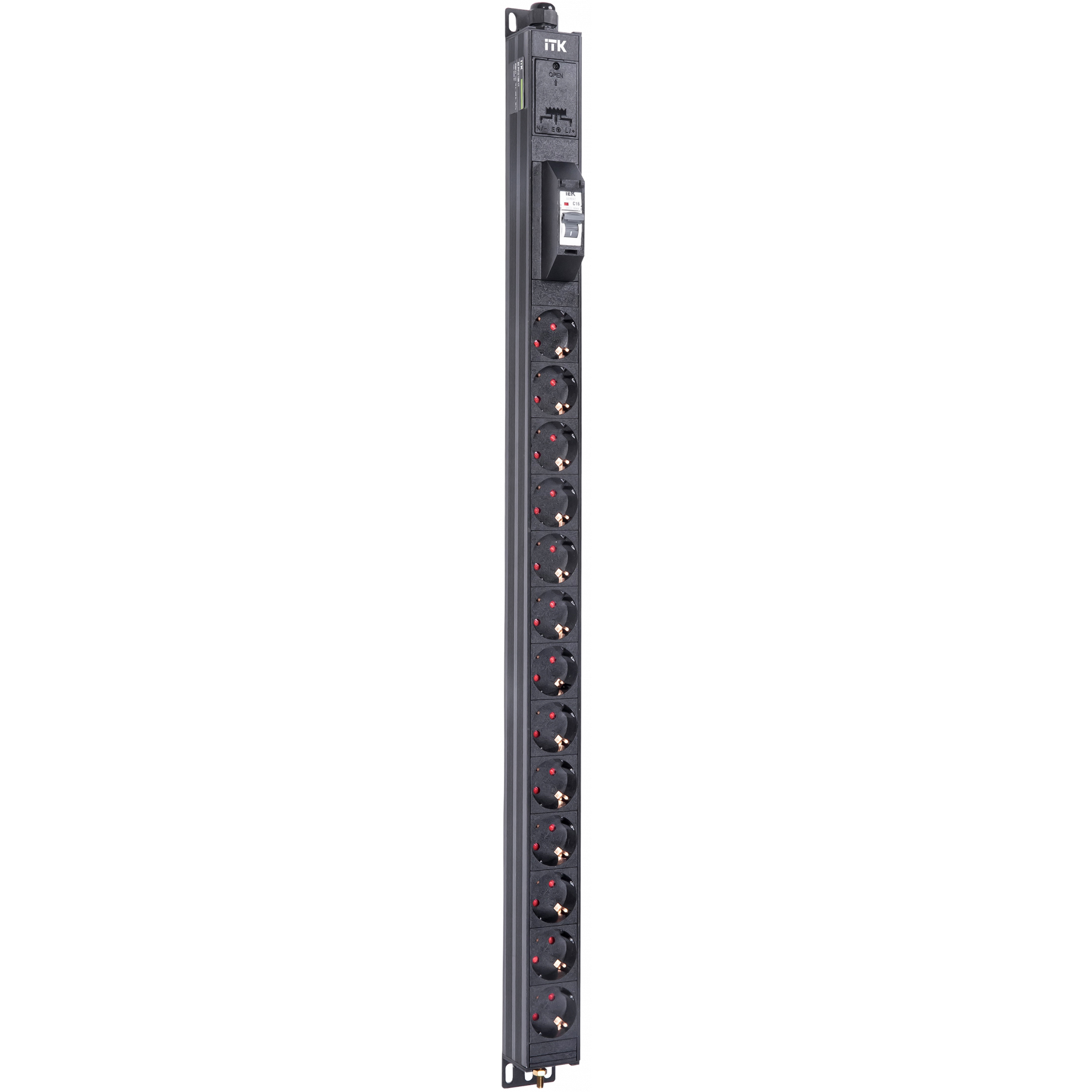 ITK BASE PDU вертикальный PV0111 19U 1 фаза 16А 13 розеток SCHUKO (немецкий стандарт) кабель 2,6м вилка SCHUKO (немецкий стандарт)