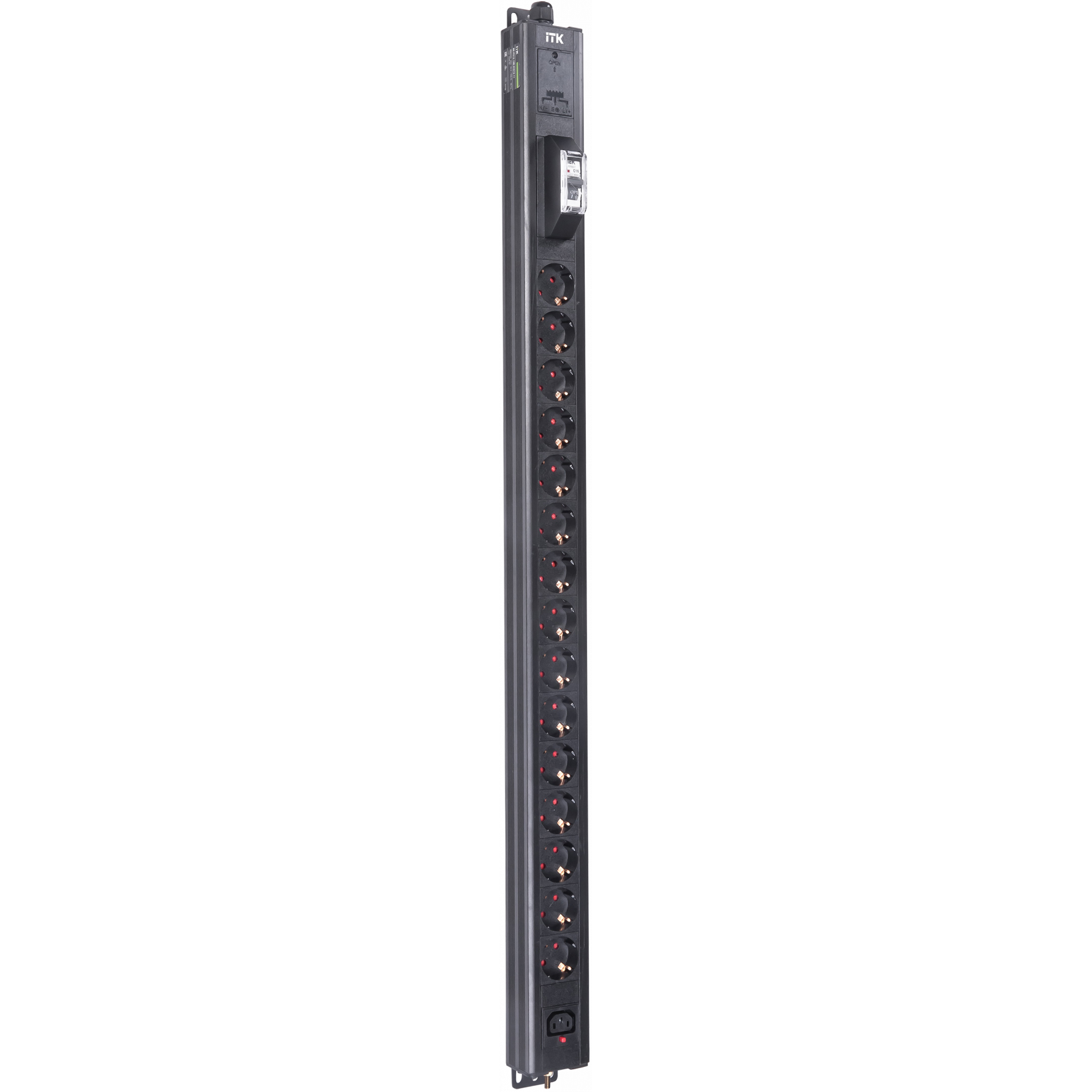 ITK BASE PDU вертикальный PV1111 22U 1 фаза 16А 15 розеток SCHUKO (немецкий стандарт) + 1 розетка C13 кабель 2,6м вилка SCHUKO (немецкий стандарт)