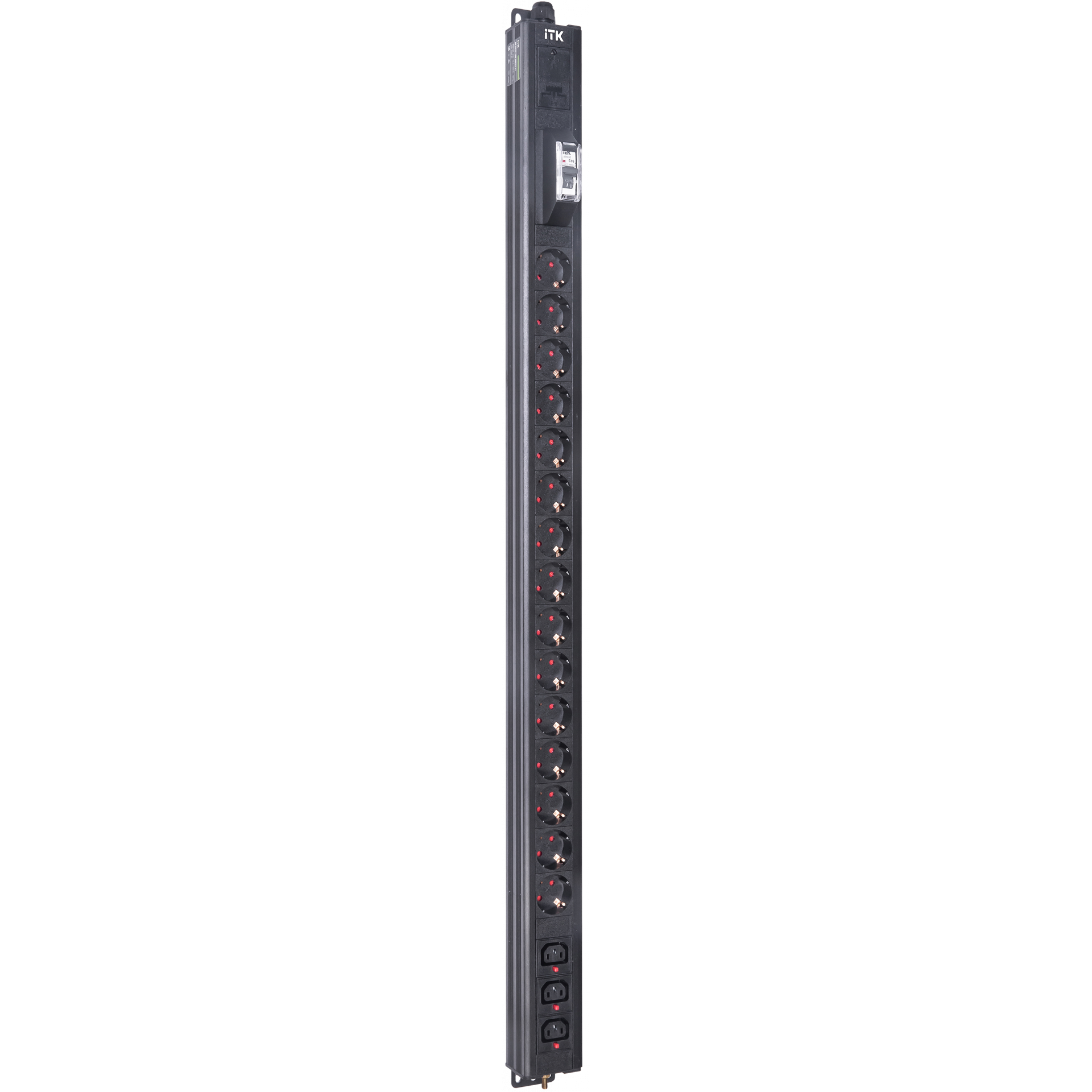 ITK BASE PDU вертикальный PV1111 24U 1 фаза 16А 15 розеток SCHUKO (немецкий стандарт) + 3 розетки C13 кабель 2,6м вилка SCHUKO (немецкий стандарт)