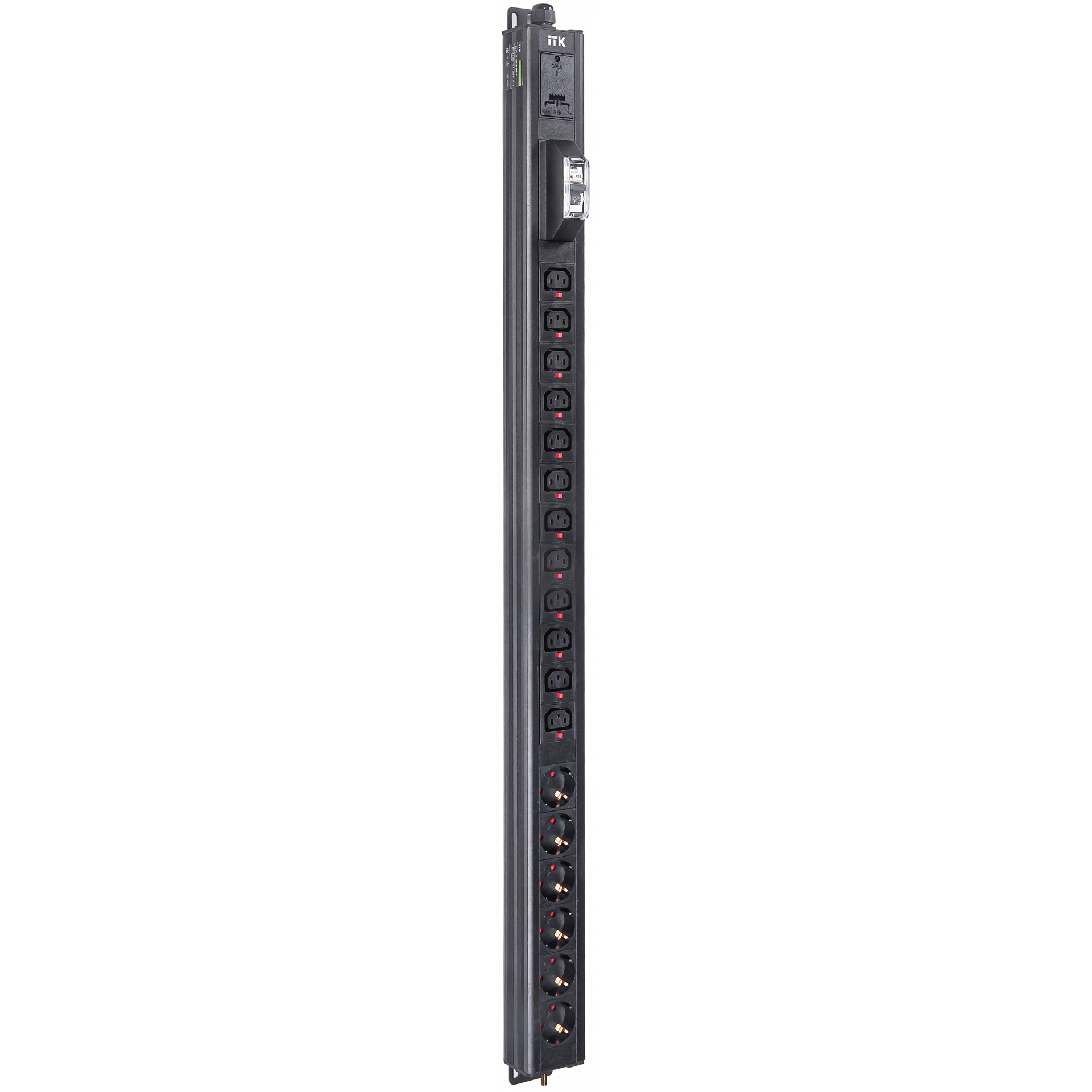 ITK BASE PDU вертикальный PV1111 23U 1 фаза 16А 6 розеток SCHUKO (немецкий стандарт) + 12 розеток C13 с клеммной колодкой и кабелем 3м вилка IEC60309 (промышленная)