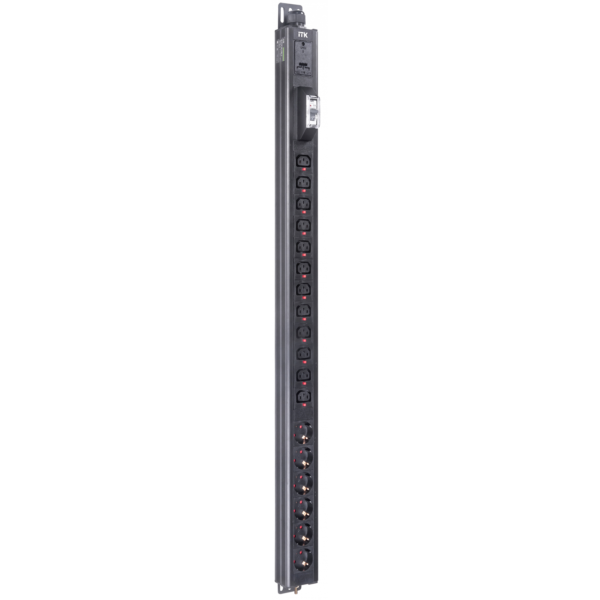 ITK BASE PDU вертикальный PV1112 23U 1 фаза 32А 6 розеток SCHUKO (немецкий стандарт) + 12 розеток C13 с клеммной колодкой и кабелем 3м вилка IEC60309 (промышленная)
