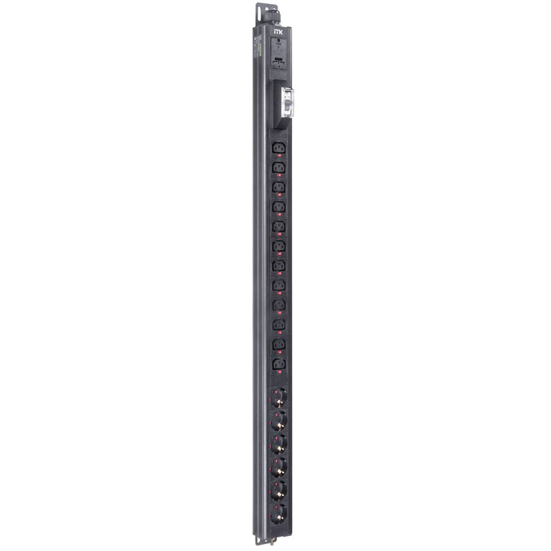 ITK BASE PDU вертикальный PV1112 23U 1 фаза 32А 6 розеток SCHUKO (немецкий стандарт) + 12 розеток C13 с клеммной колодкой и кабелем 3м вилка IEC60309 (промышленная)