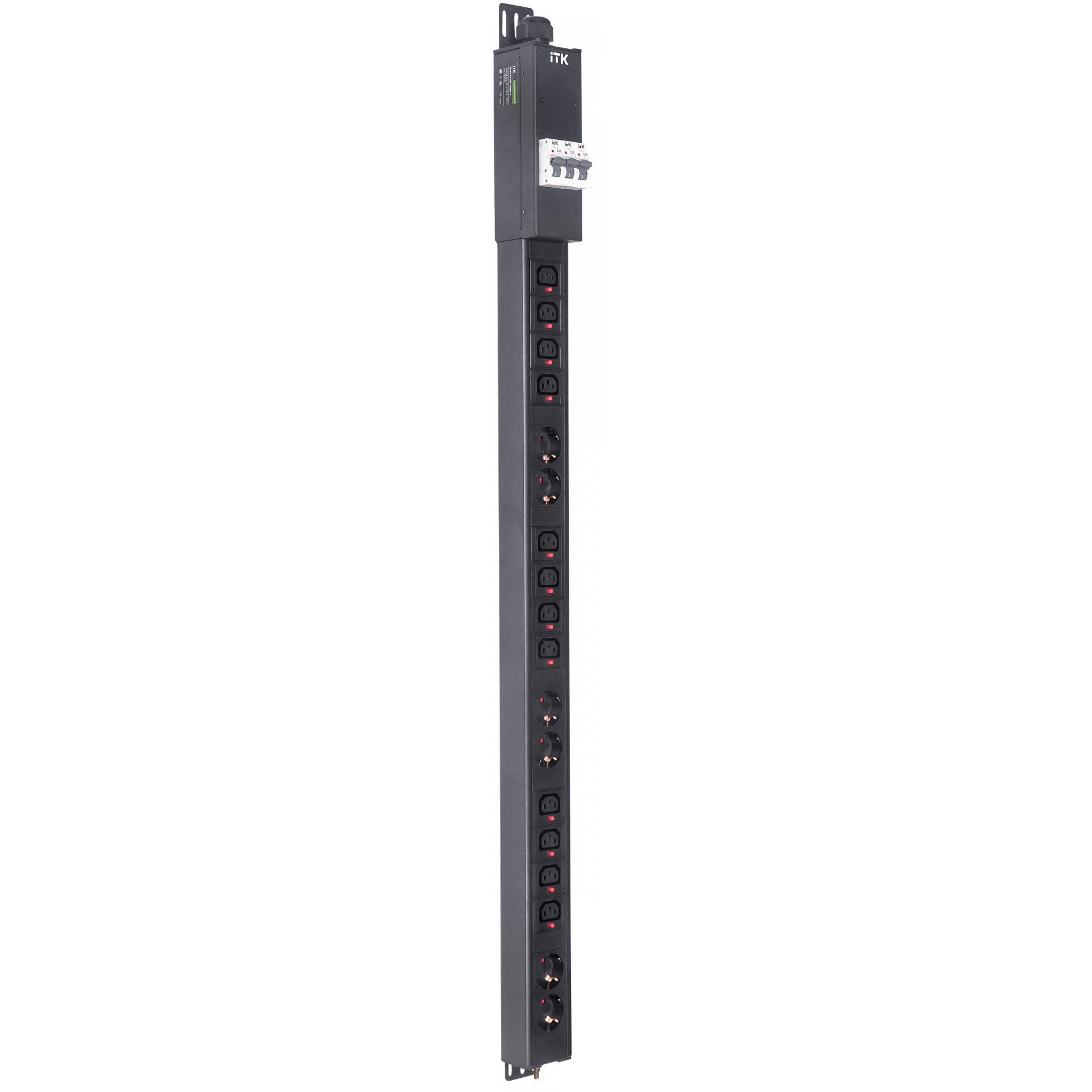 ITK BASE PDU вертикальный PV1113 25U 3 фазы 32А 6 розеток SCHUKO (немецкий стандарт) + 12 розеток C13 с клеммной колодкой и кабелем 3м вилка IEC60309 (промышленная)