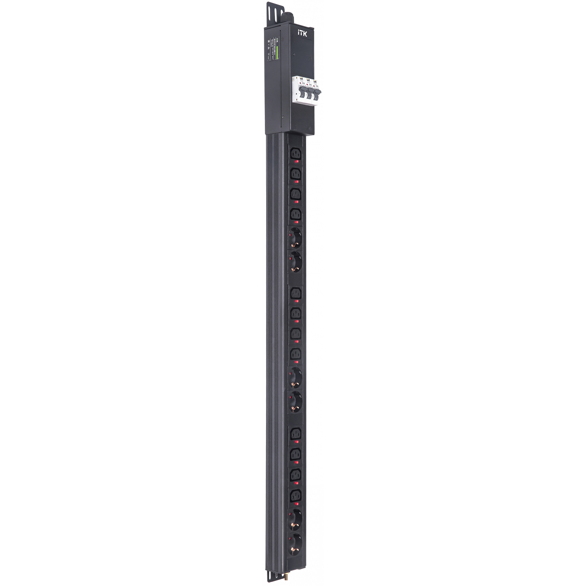 ITK BASE PDU вертикальный PV1114 24U 3 фазы 16А 6 розеток SCHUKO (немецкий стандарт) + 12 розеток C13 с клеммной колодкой и кабелем 3м вилка IEC60309 (промышленная)