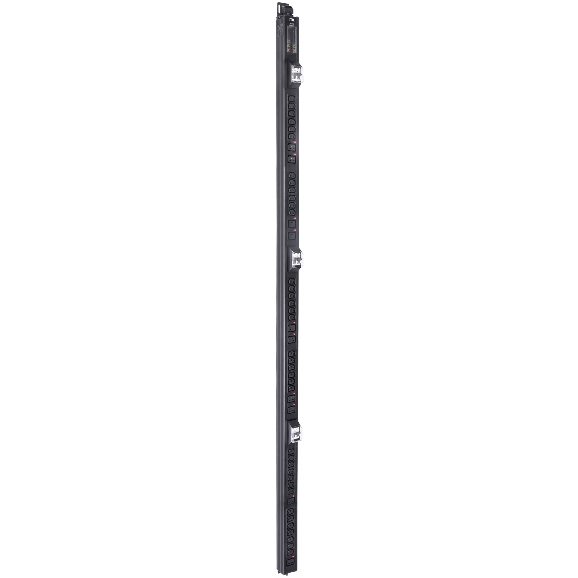 ITK BASE PDU вертикальный PV1113 45U 3 фазы 32А 38 розеток C13 + 10 розеток C19 с клеммной колодкой и кабелем 6м вилка IEC60309 (промышленная) черный