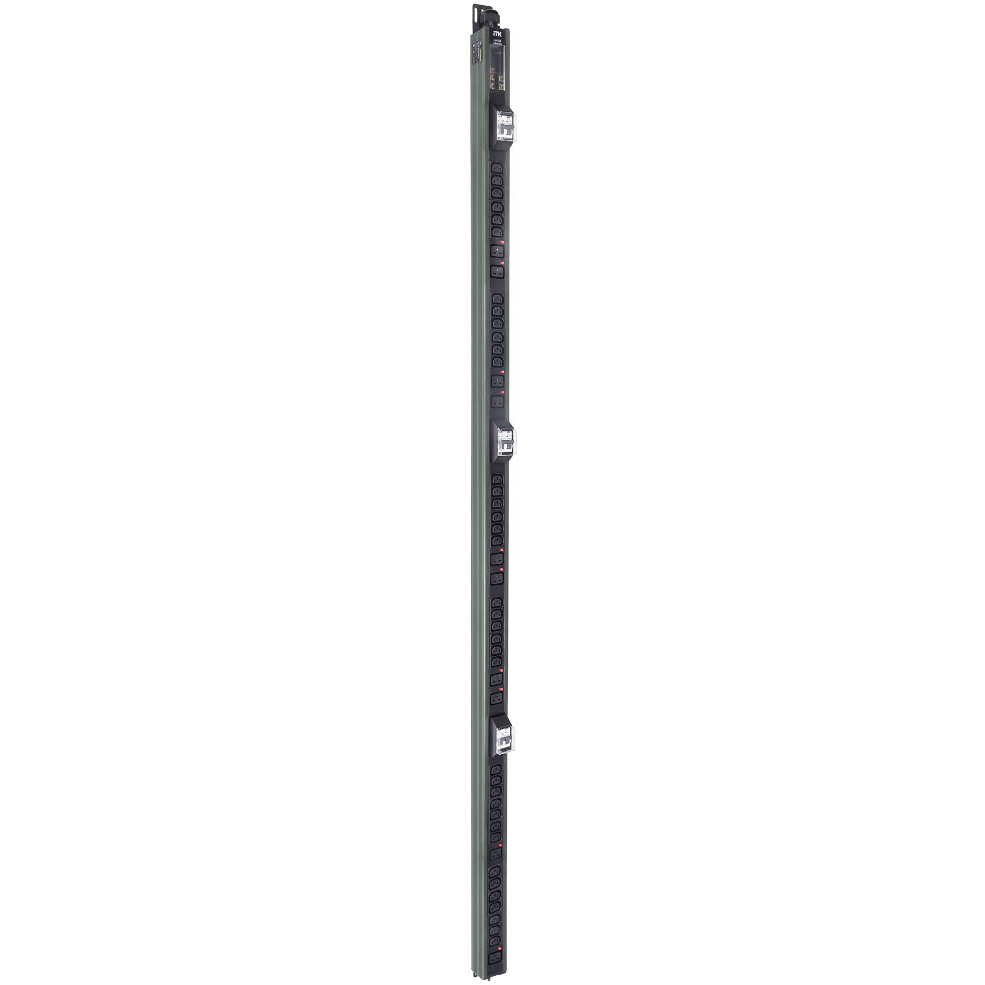 ITK BASE PDU вертикальный PV1113 45U 3 фазы 32А 38 розеток C13 + 10 розеток C19 с клеммной колодкой и кабелем 6м вилка IEC60309 (промышленная) серый