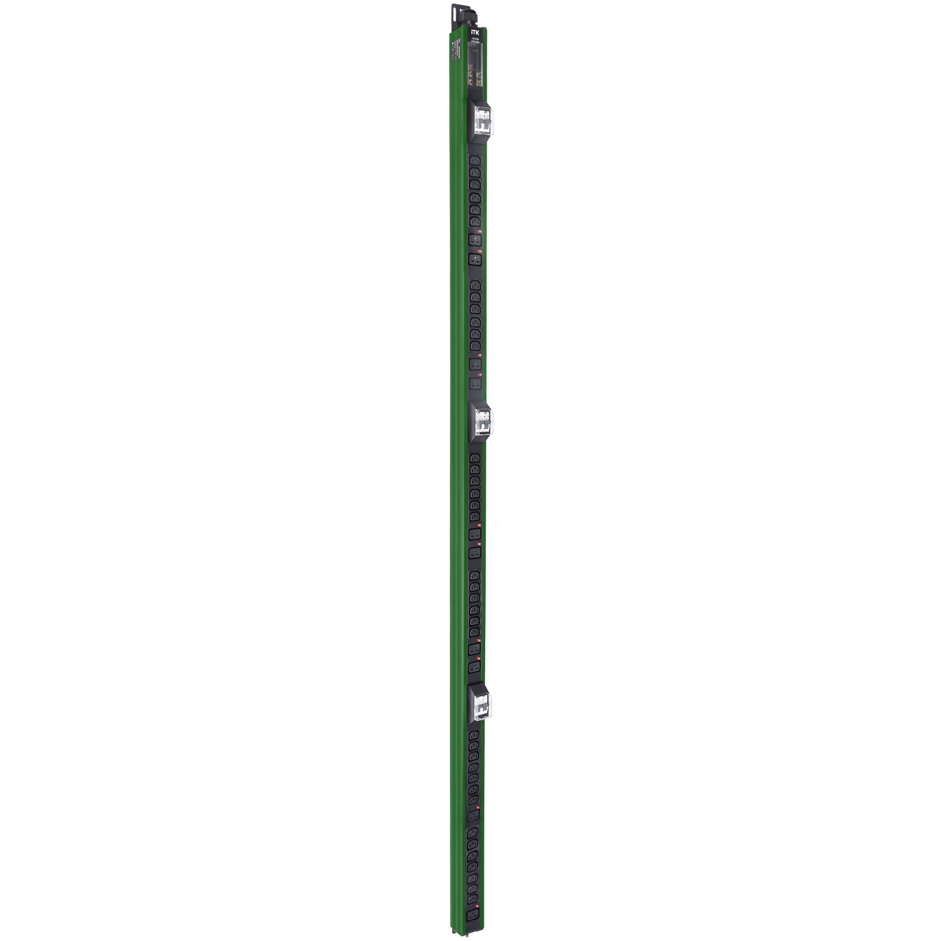 ITK BASE PDU вертикальный PV1113 45U 3 фазы 32А 38 розеток C13 + 10 розеток C19 с клеммной колодкой и кабелем 6м вилка IEC60309 (промышленная) зеленый