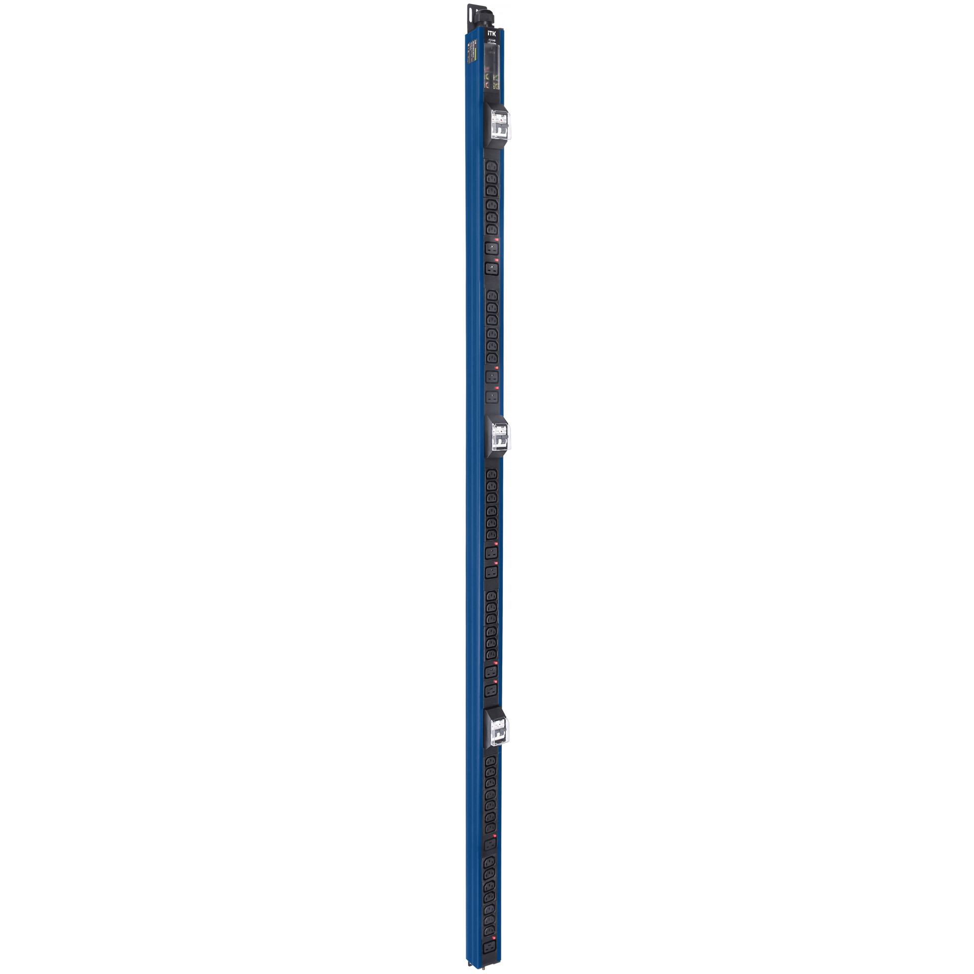 ITK BASE PDU вертикальный PV1113 45U 3 фазы 32А 38 розеток C13 + 10 розеток C19 с клеммной колодкой и кабелем 6м вилка IEC60309 (промышленная) синий