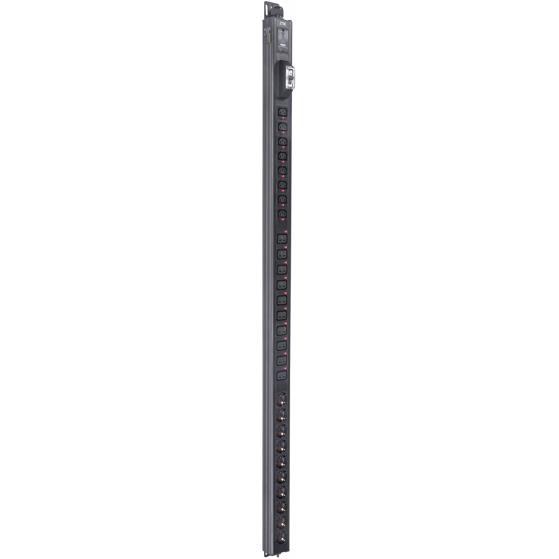 ITK BASE PDU вертикальный PV1102 33U 1 фаза 32А 10 розеток SCHUKO (немецкий стандарт) + 8 розеток C13 + 10 розеток C19 без кабеля с клеммной колодкой