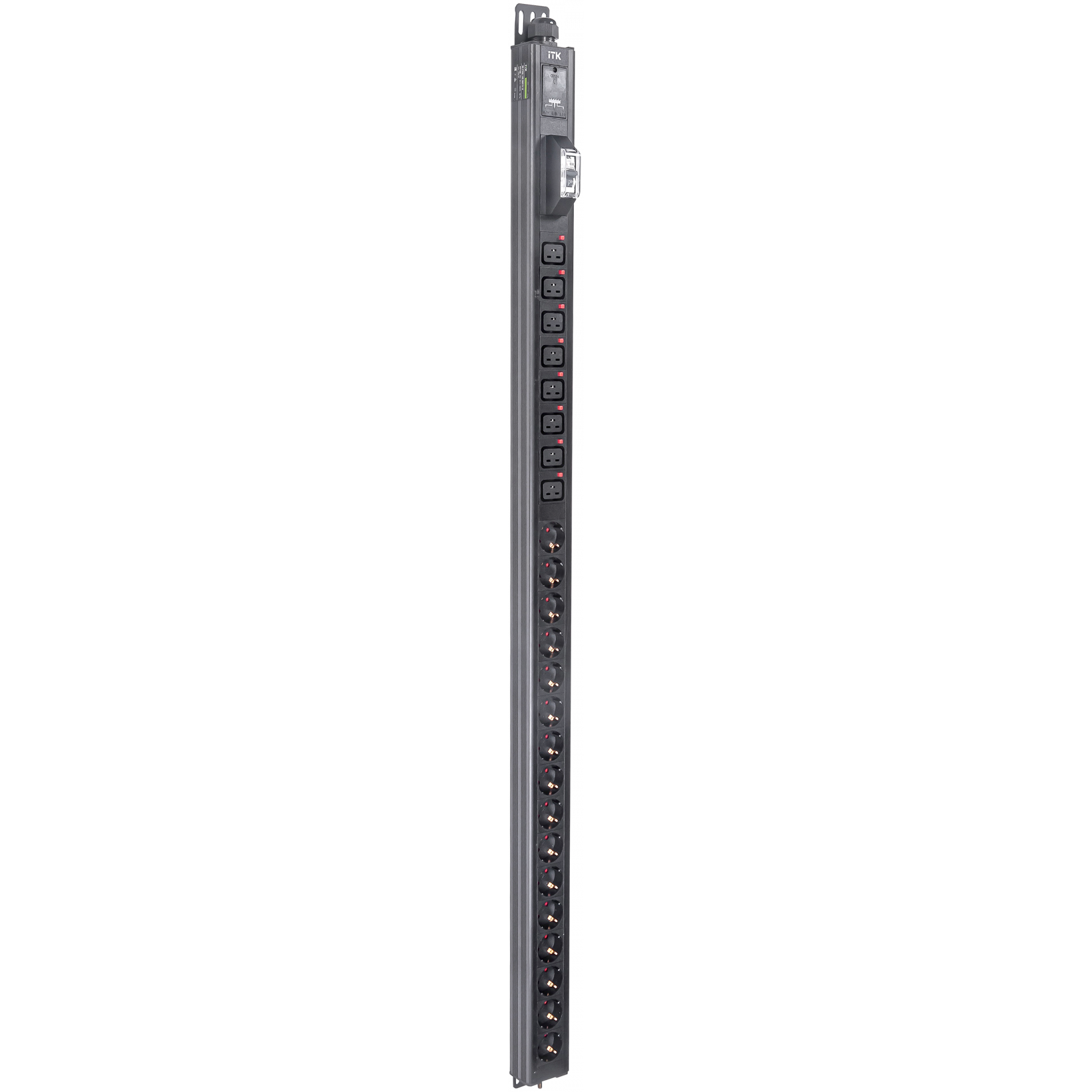 ITK BASE PDU вертикальный PV1102 30U 1 фаза 32А 16 розеток SCHUKO (немецкий стандарт) + 8 розеток C19 без кабеля с клеммной колодкой