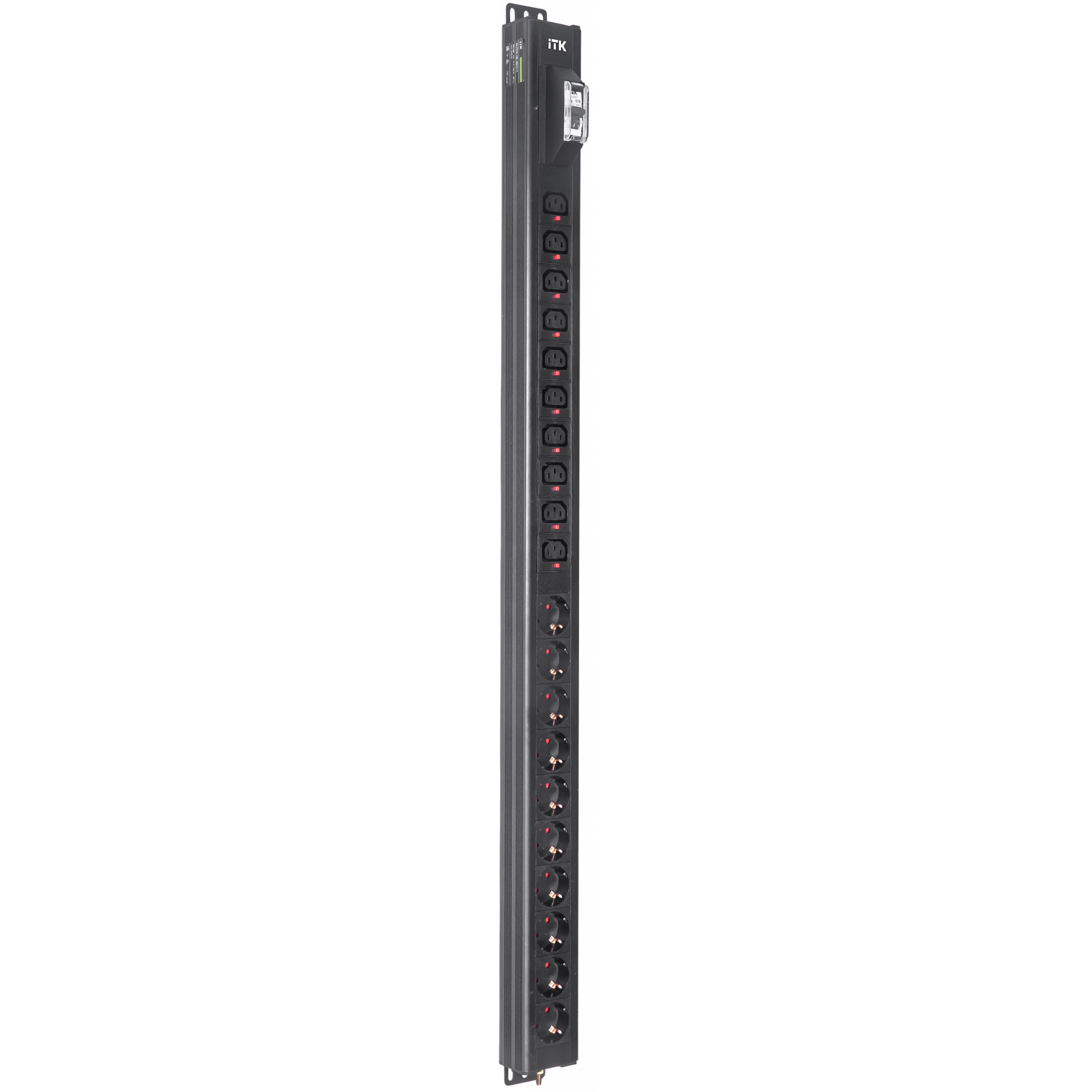 ITK BASE PDU вертикальный PV1101 24U 1 фаза 16А 10 розеток SCHUKO (немецкий стандарт) + 10 розеток C13 без кабеля с входным разъемом C20