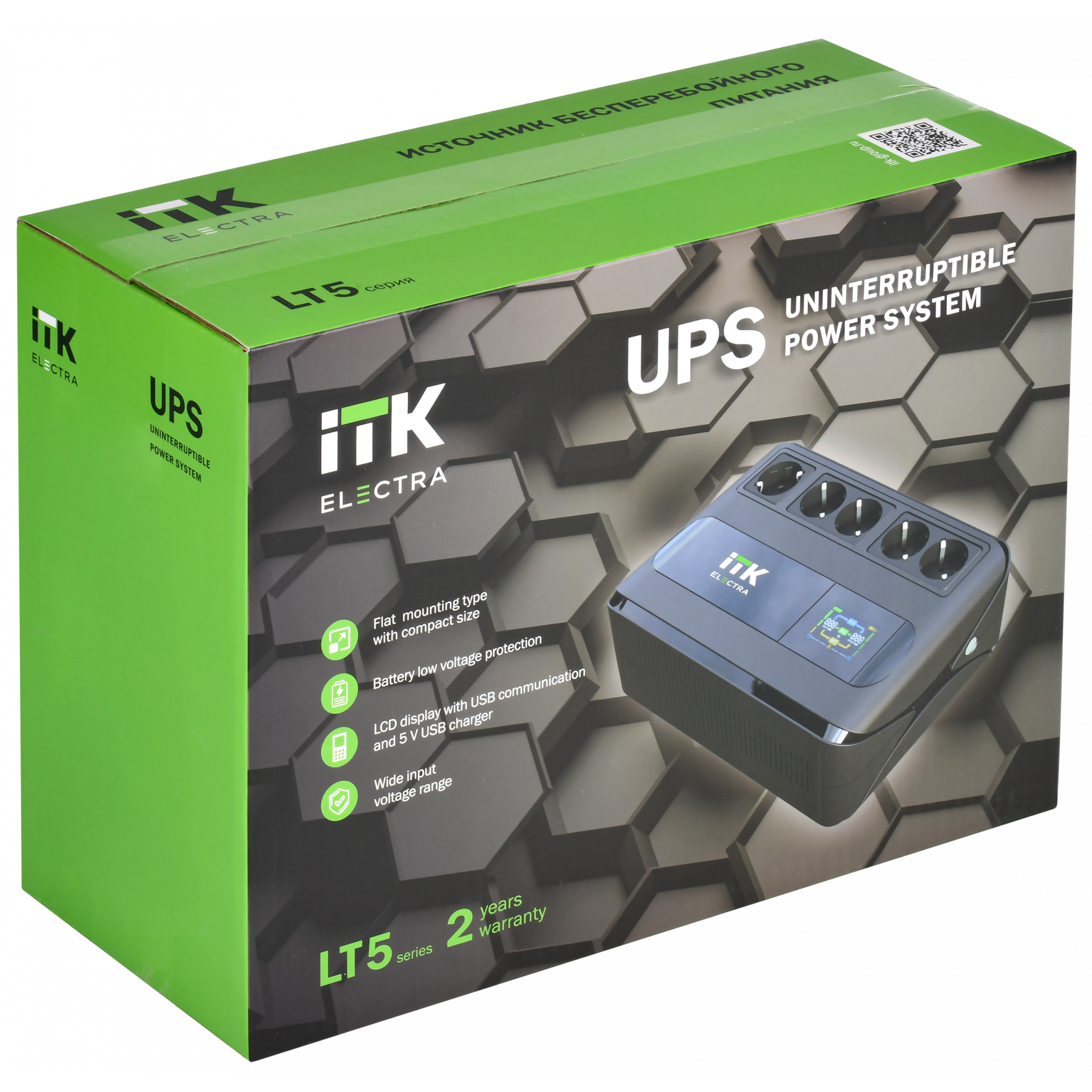 ITK ELECTRA LT5 ИБП однофазный линейно-интерактивный 1000ВА/600Вт 5хSchuko LCD дисплей АКБ 1х9AH USB+USB Charge RJ45/11