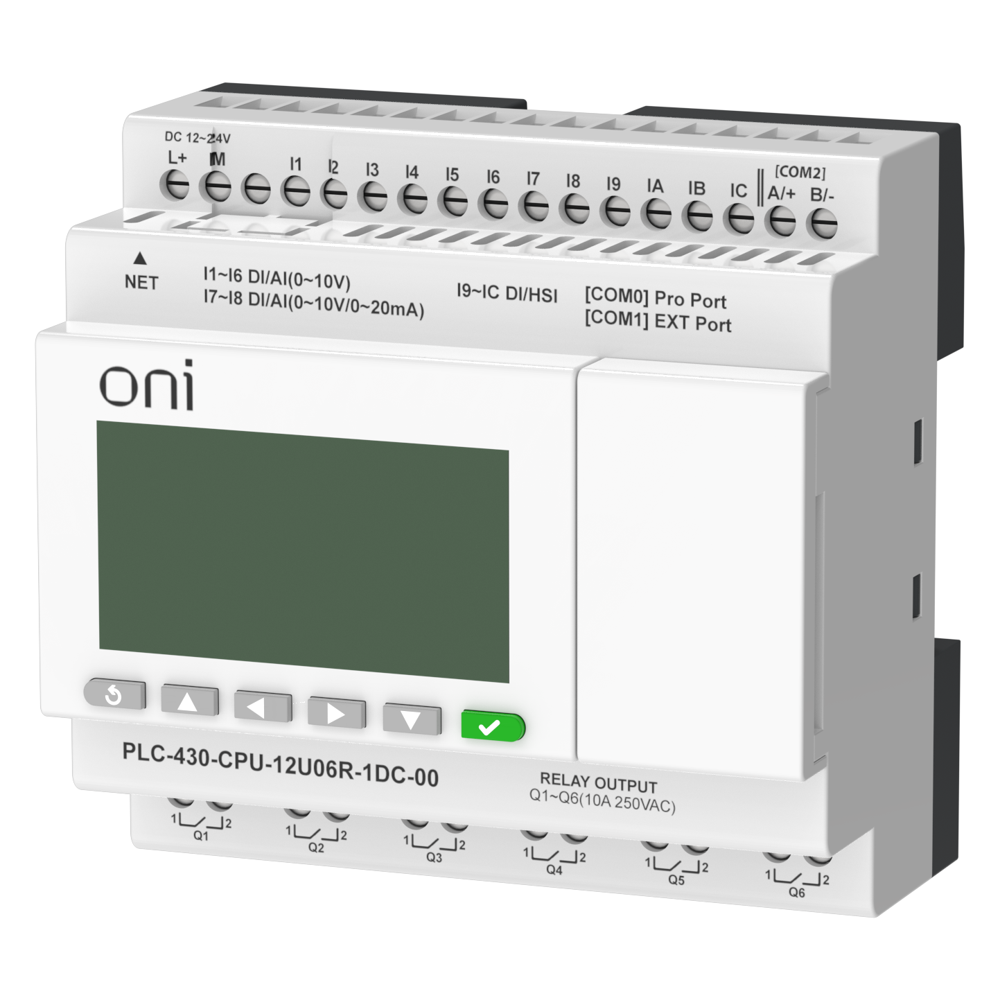 ПЛК 430 Модуль ЦПУ 4 DI 6 UI (0-10 В/DI) 2 UI (0-10 В/0-20 мА/DI) 6 RO 24В DC с Ethernet портом с экраном ONI