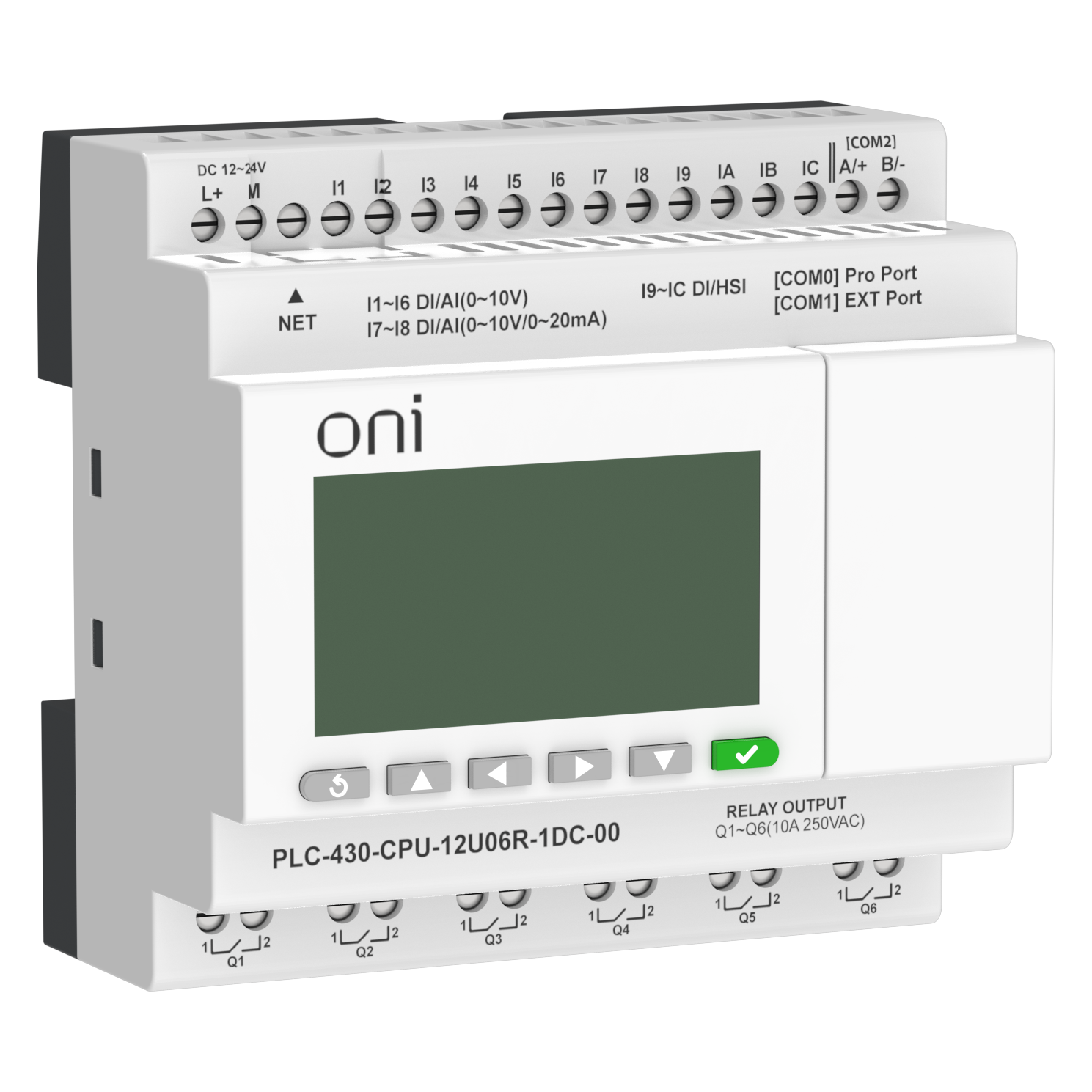 ПЛК 430 Модуль ЦПУ 4 DI 6 UI (0-10 В/DI) 2 UI (0-10 В/0-20 мА/DI) 6 RO 24В DC с Ethernet портом с экраном ONI