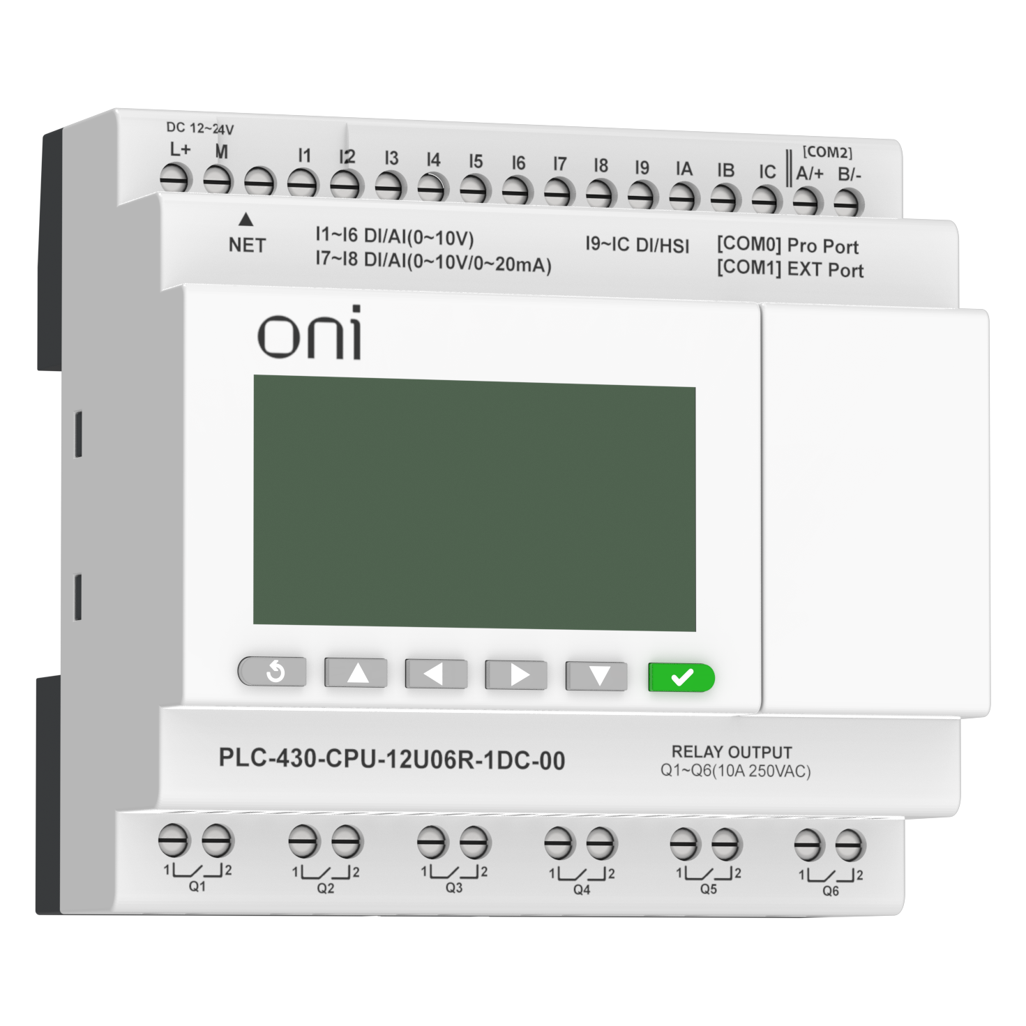 ПЛК 430 Модуль ЦПУ 4 DI 6 UI (0-10 В/DI) 2 UI (0-10 В/0-20 мА/DI) 6 RO 24В DC с Ethernet портом с экраном ONI
