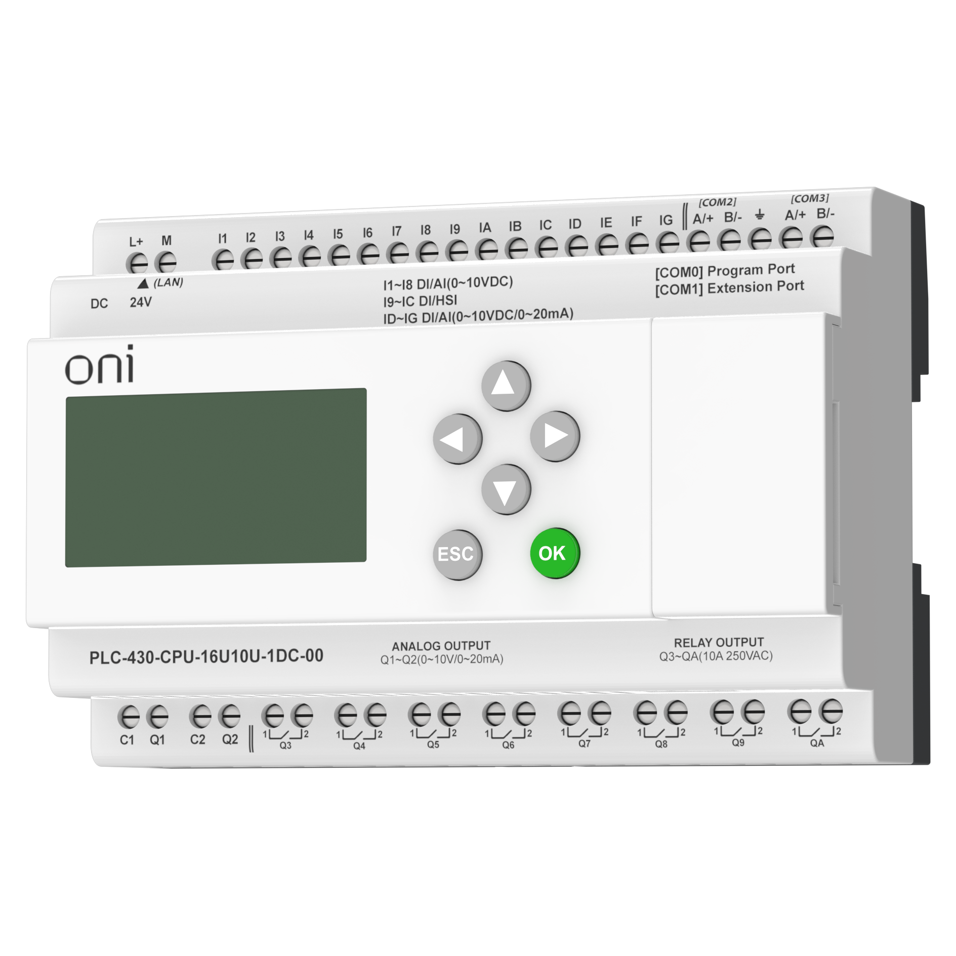 ПЛК 430 Модуль ЦПУ 4 DI 12 UI (0-10 В/DI) 8 RO 2 AO (1 шт 0-10 В и 1 шт 0-20 мА) 24В DC с Ethernet портом с экраном ONI