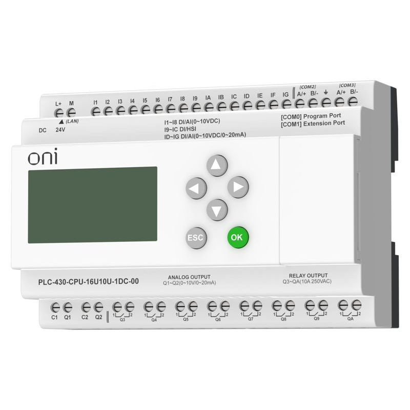 ПЛК 430 Модуль ЦПУ 4 DI 12 UI (0-10 В/DI) 8 RO 2 AO (1 шт 0-10 В и 1 шт 0-20 мА) 24В DC с Ethernet портом с экраном ONI