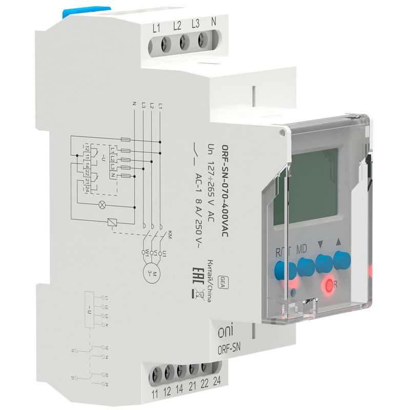 Реле контроля фаз ORF-SN 3 фазы 2 контакта 70-400В AC с контролем нейтрали ONI