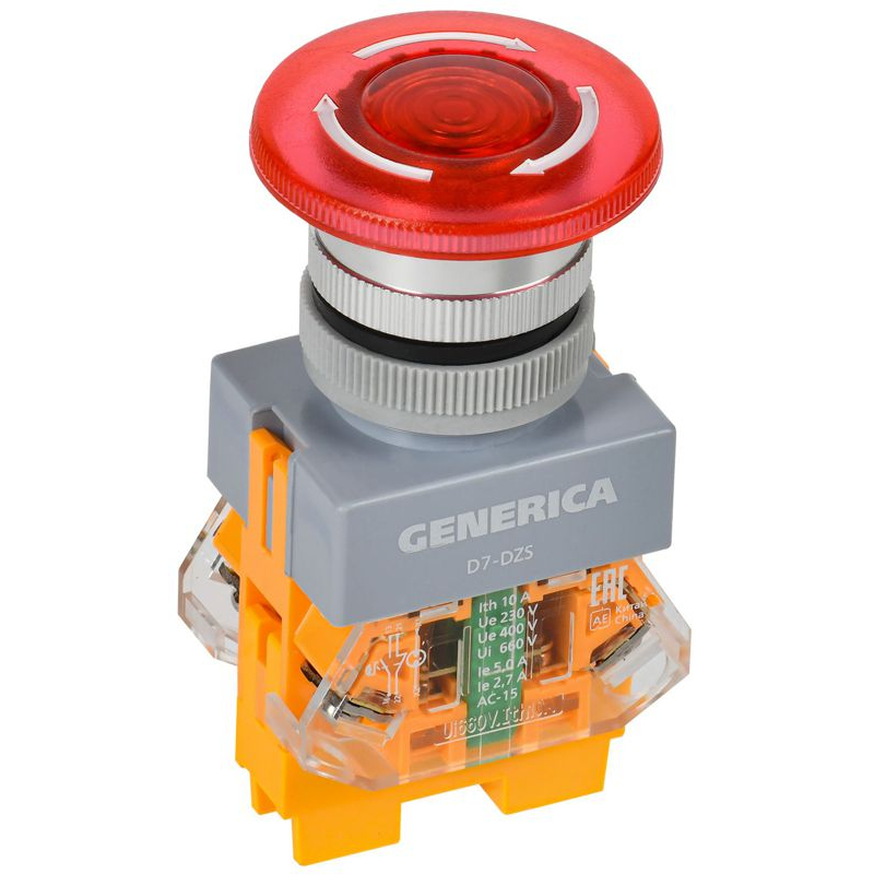 Кнопка управления D7-DZS Грибок d=22мм 1NC+1NO поворотная с подсветкой и фиксацией красная GENERICA
