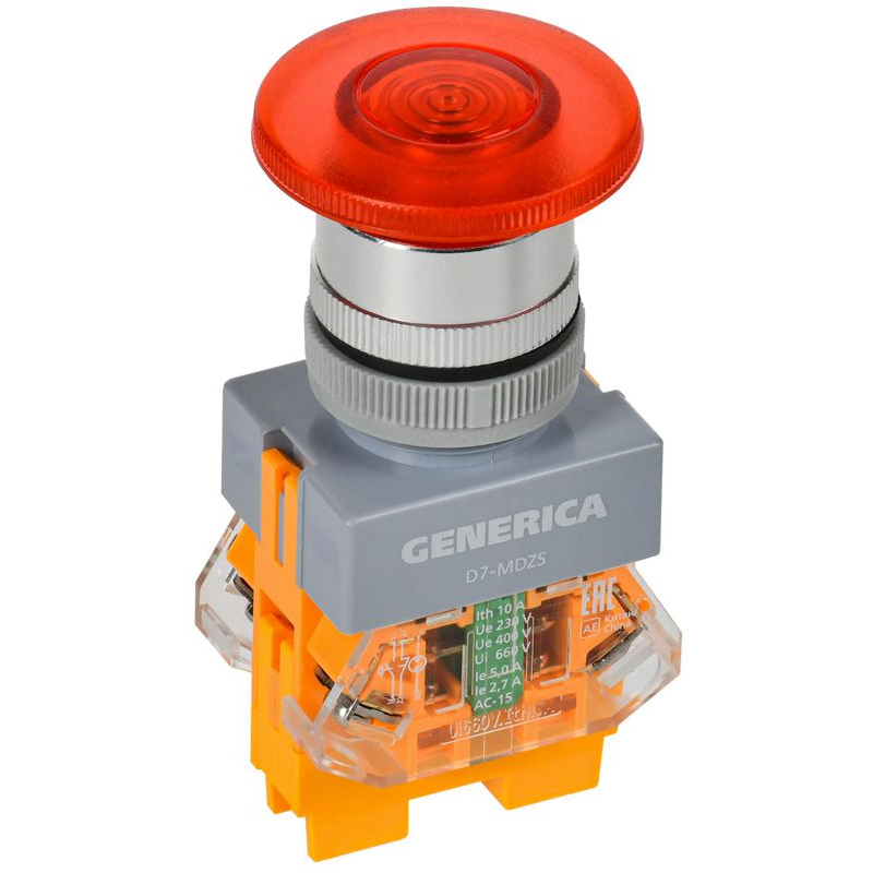 Кнопка управления D7-MDZS Грибок d=22мм 1NC+1NO с подсветкой и фиксацией красная GENERICA