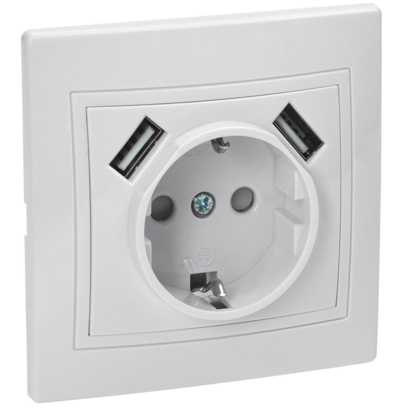 KVARTA Розетка с заземлением с защитными шторками 16А USBх2 2,1А РЮш10-1-КБ белый GENERICA
