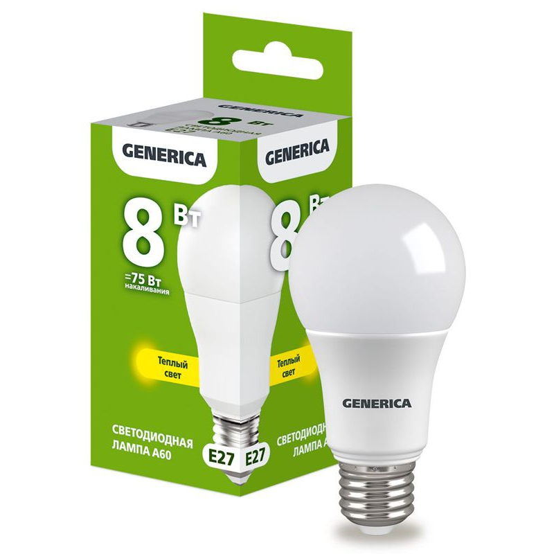 Лампа светодиодная A60 груша 8Вт 230В 3000К E27 GENERICA
