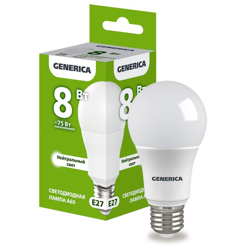 Лампа светодиодная A60 груша 8Вт 230В 4000К E27 GENERICA