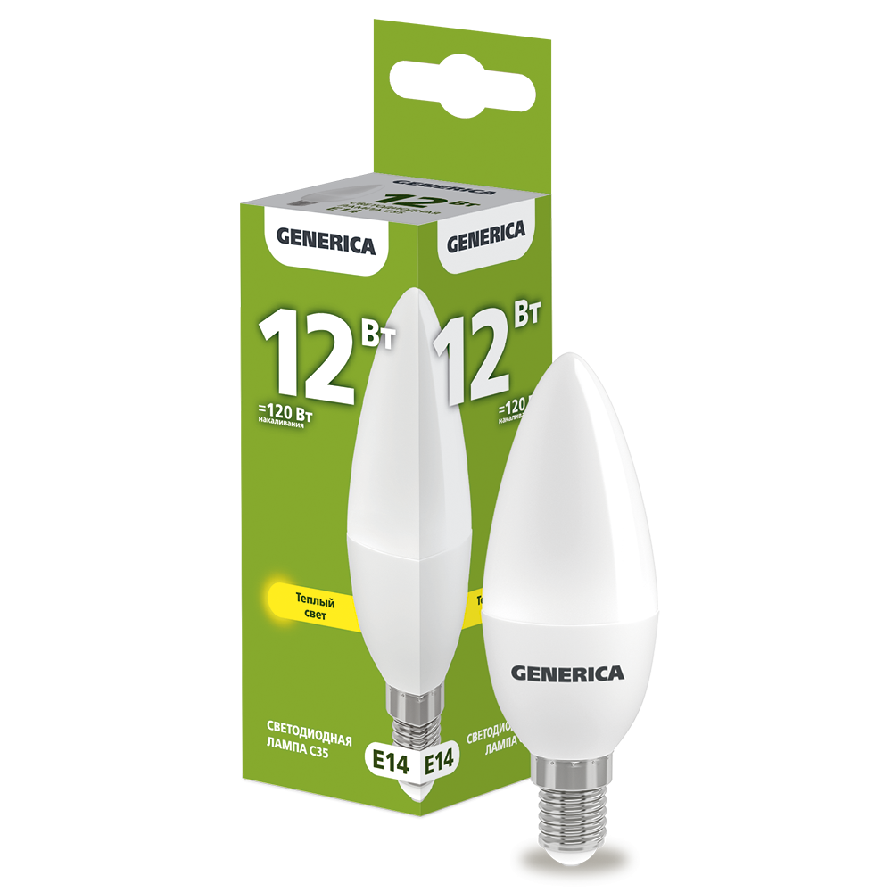 Лампа светодиодная C35 свеча 12Вт 230В 3000К E14 GENERICA