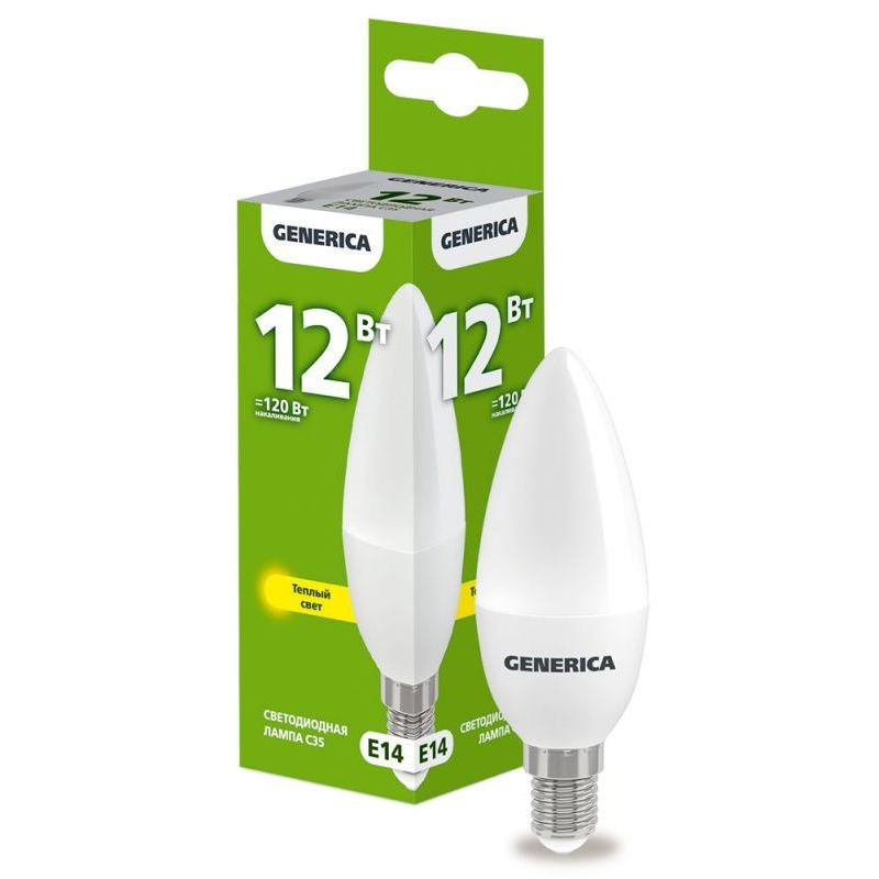 Лампа светодиодная C35 свеча 12Вт 230В 3000К E14 GENERICA