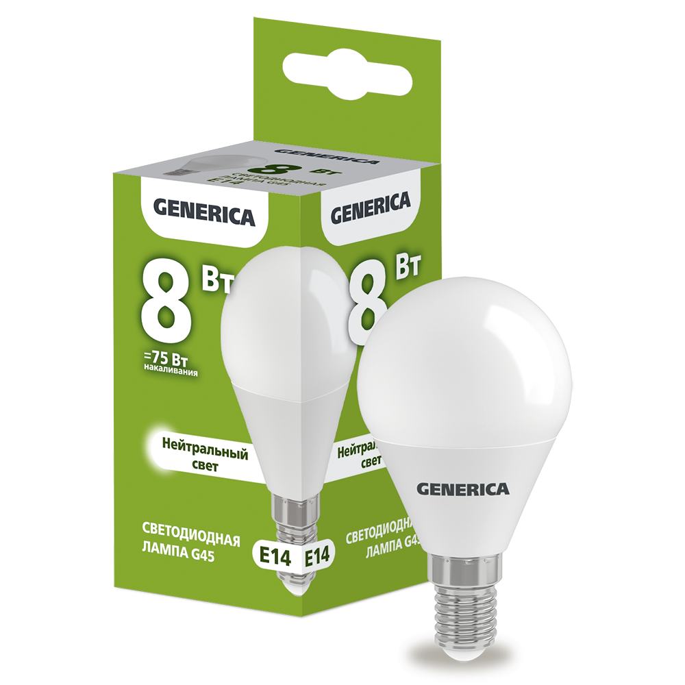 Лампа светодиодная G45 шар 8Вт 230В 4000К E14 GENERICA